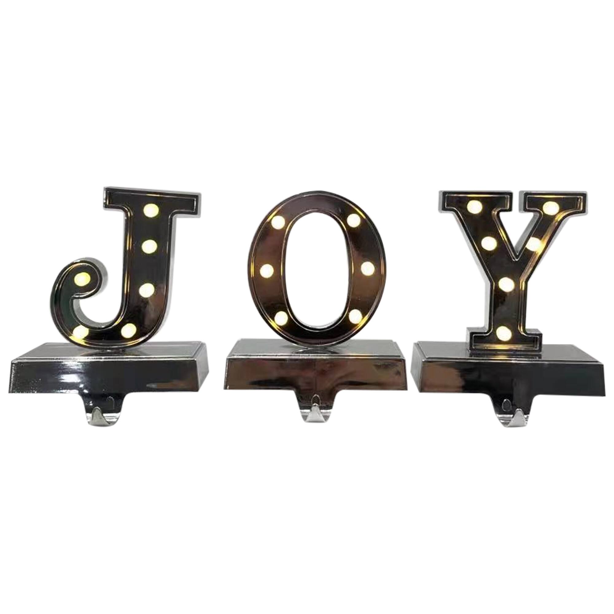 6.5" Silver LED JOY Christmas Stocking Holder Set