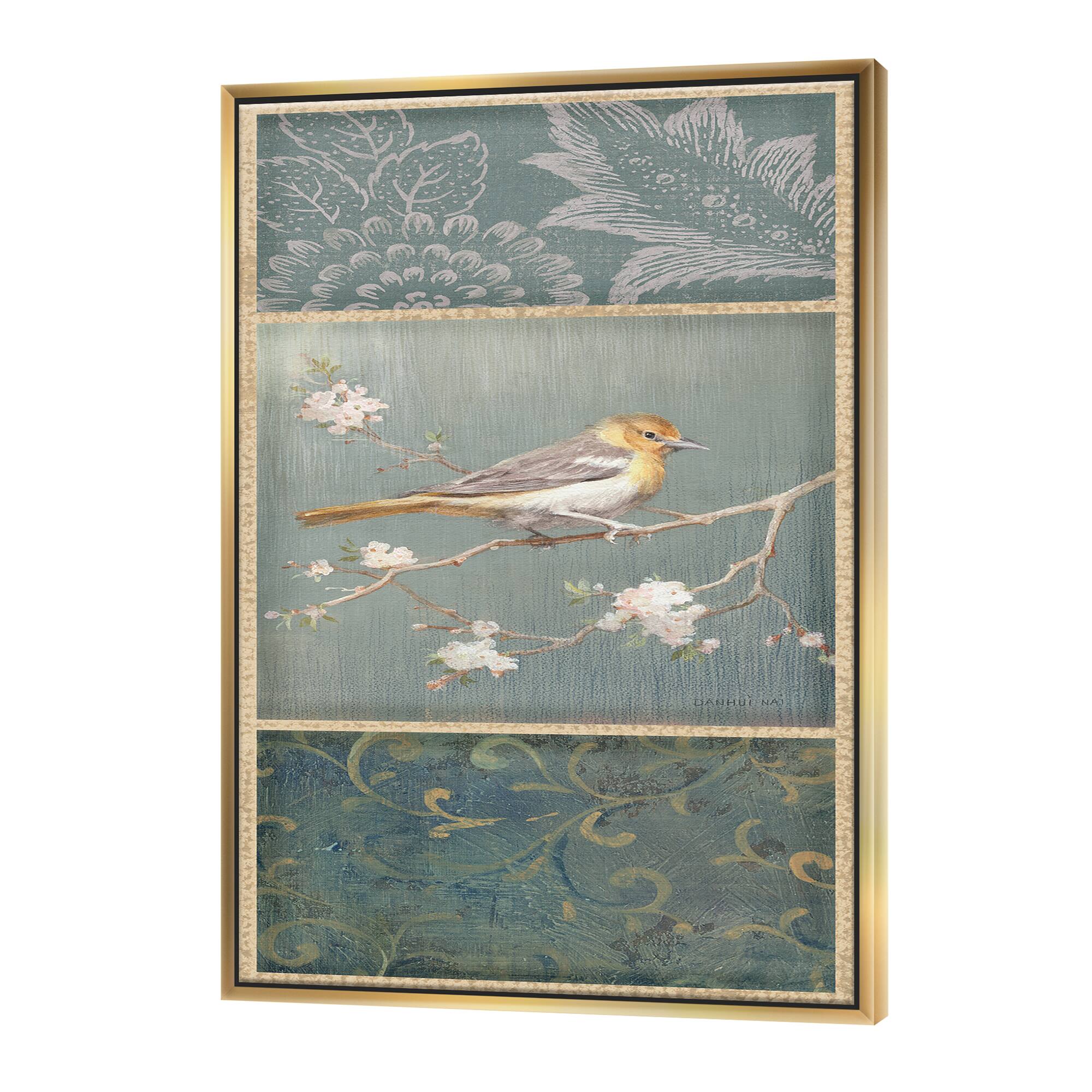 Designart - Farmhouse Triptych of Blue Ornaments And Oriole - Farmhouse Canvas in Gold Frame