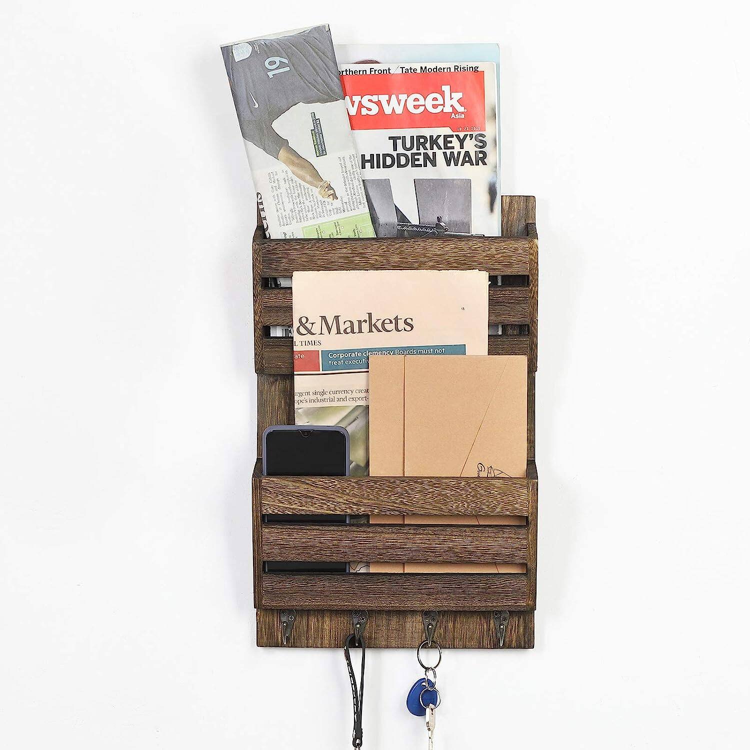NEX™ Rustic Brown Mail and Key Holder with 4 Hooks