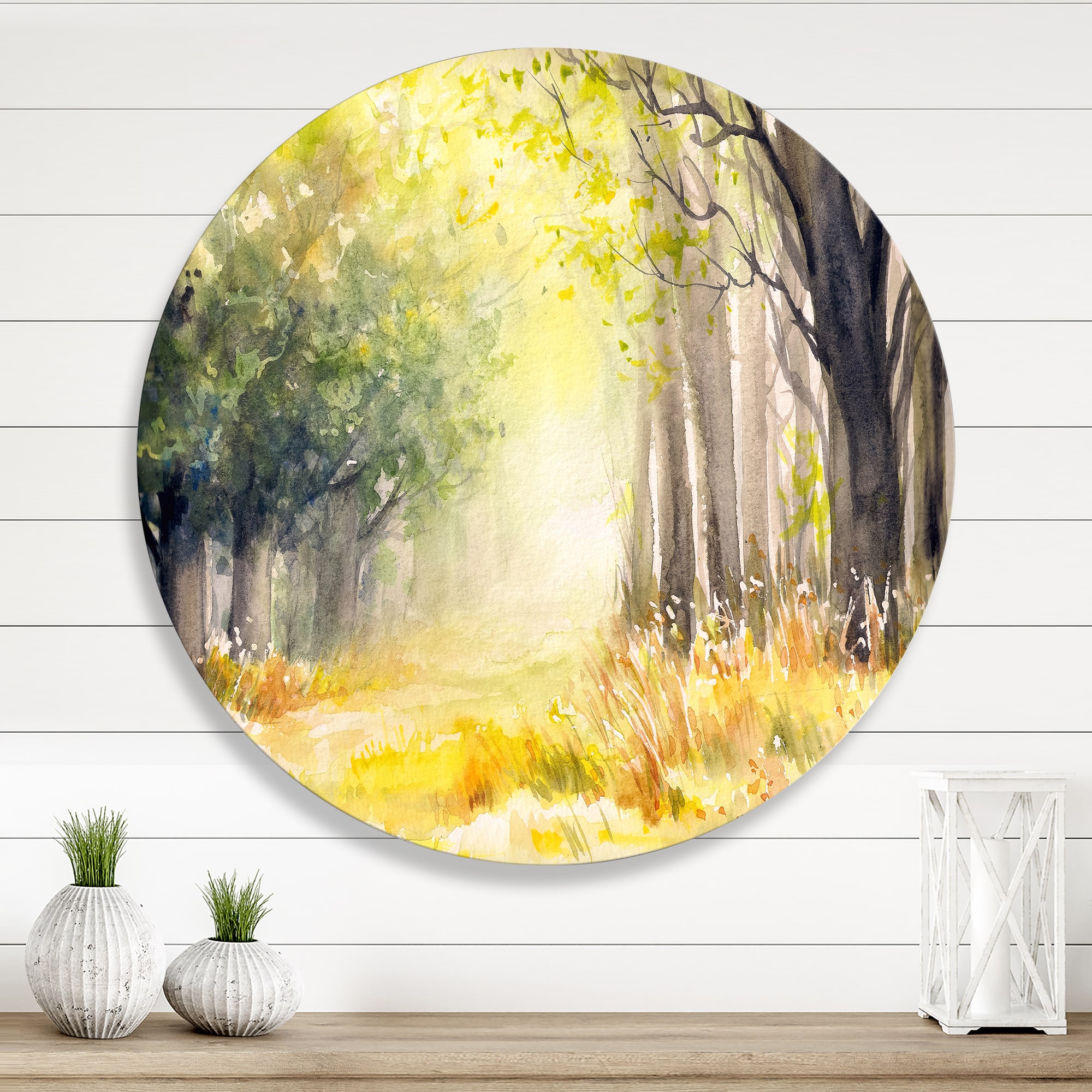 Designart - Bright Sunshine Through The Forest Trees IV - Traditional Metal Circle Wall Art