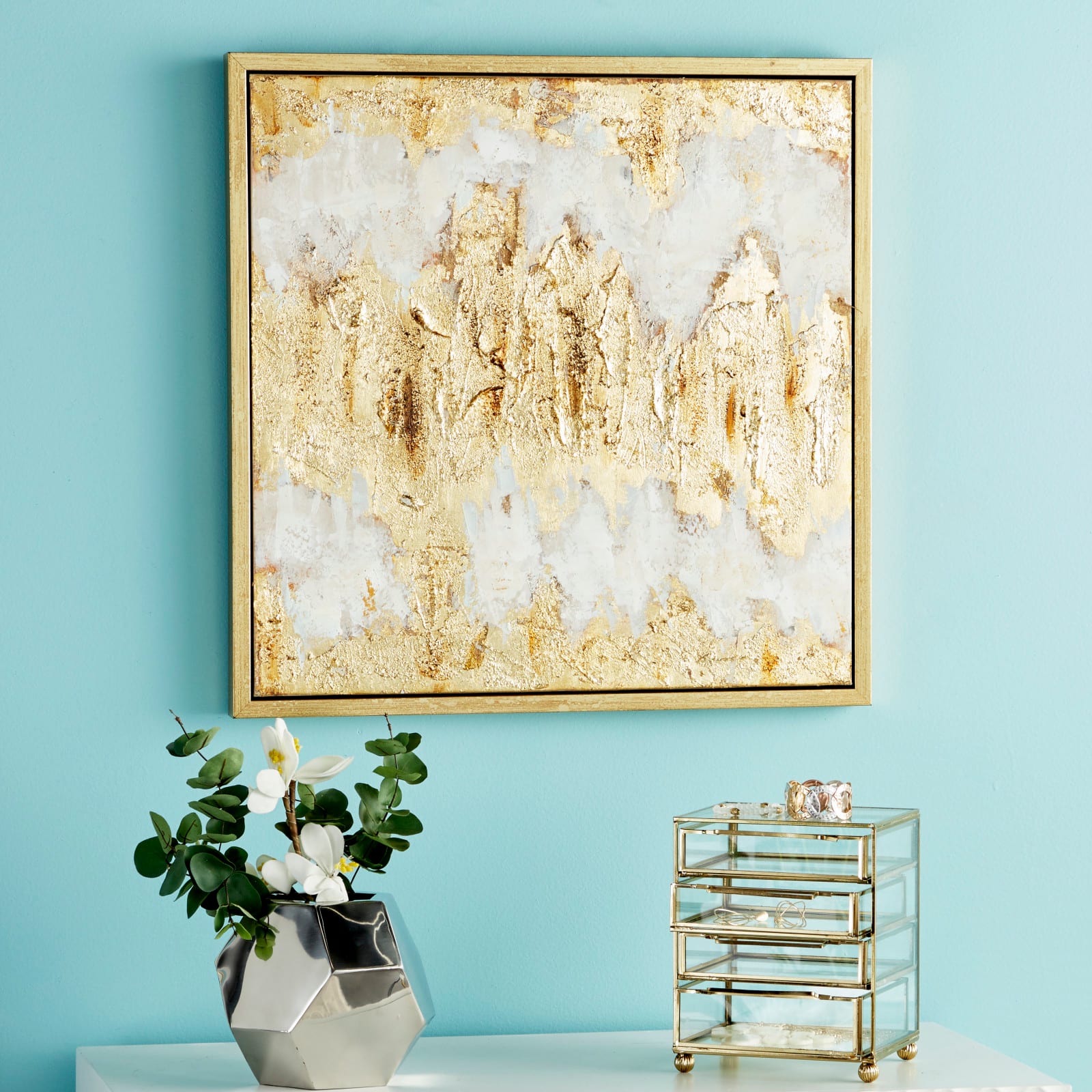 CosmoLiving by Cosmopolitan Beige &#x26; Gold Glam Framed Canvas Wall Art