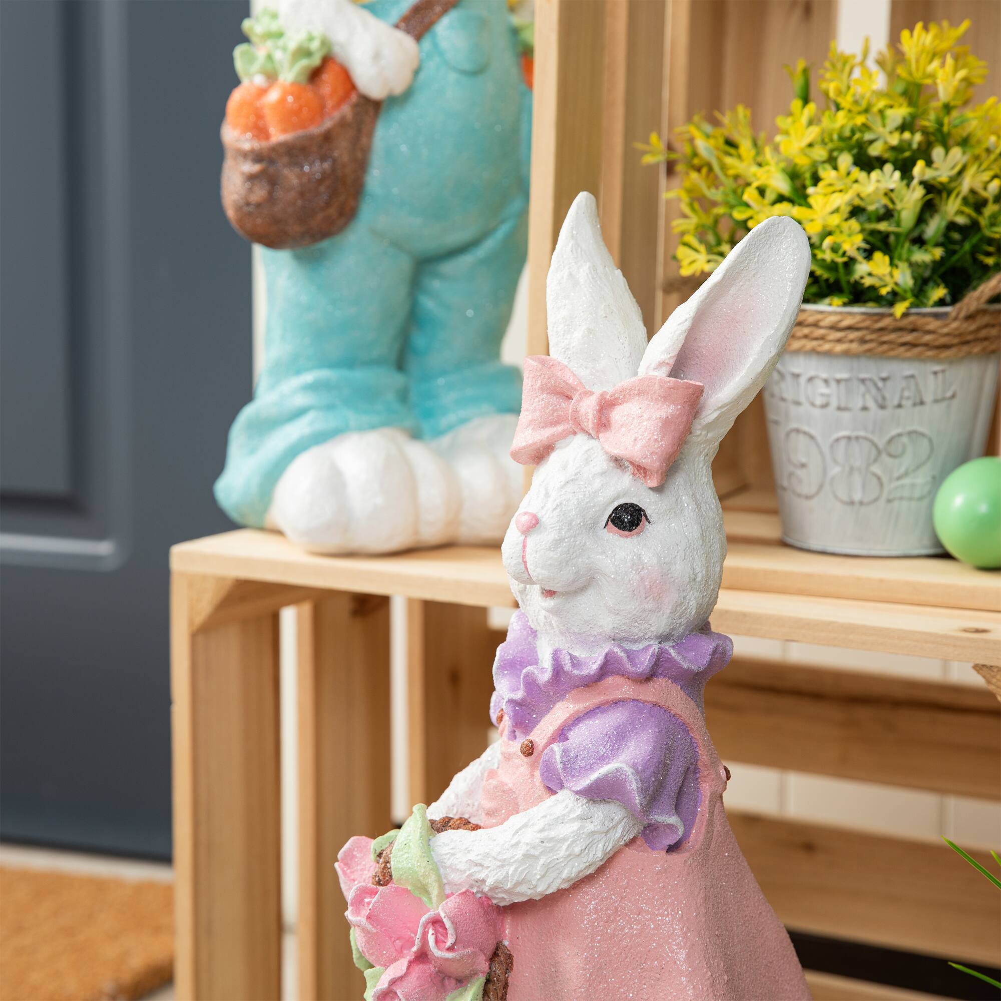 Glitzhome® 17.5" Easter Bunny Girl with Flower Basket Table Décor