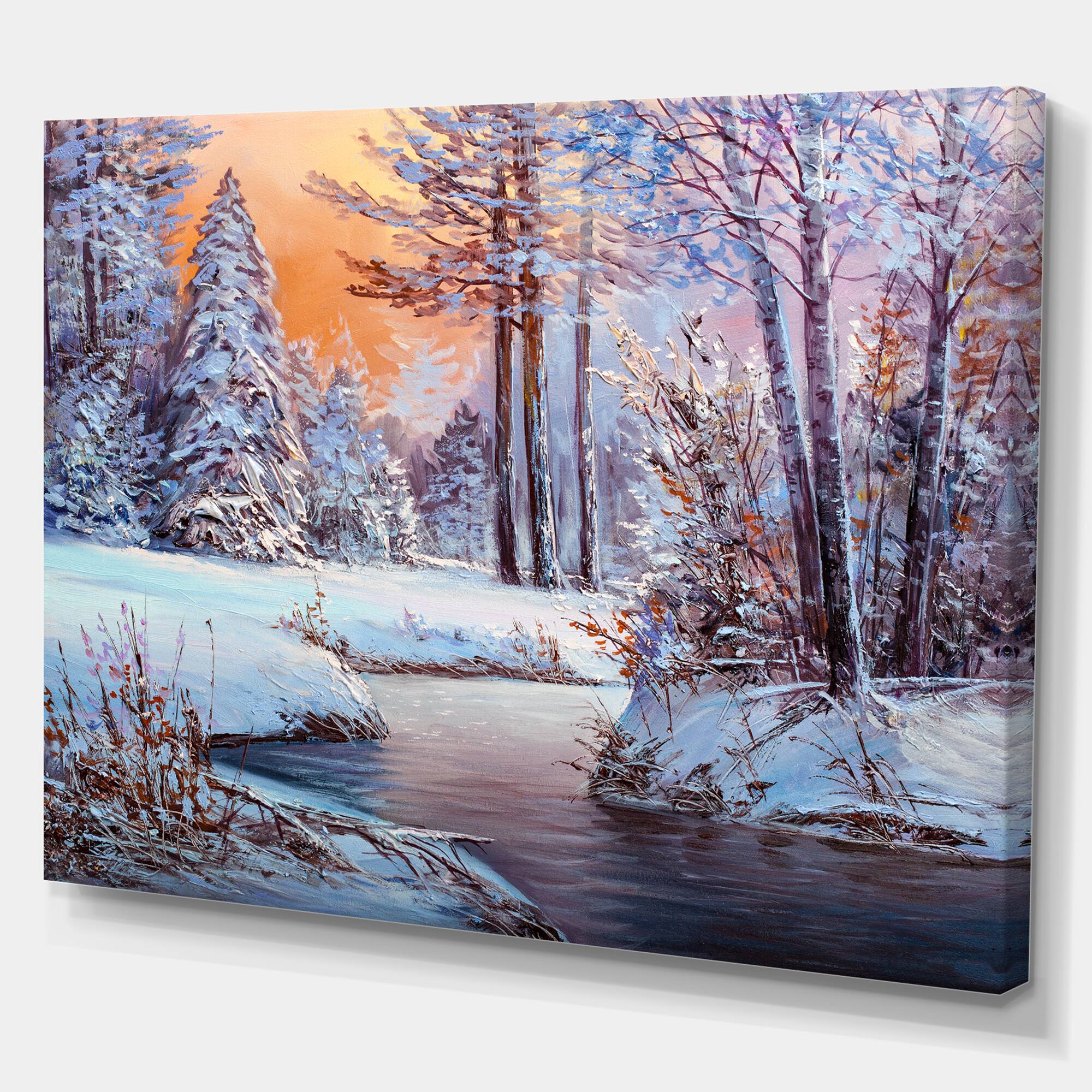 Designart - Forest in Winter Sunset - Landscapes Painting Print on Wrapped Canvas