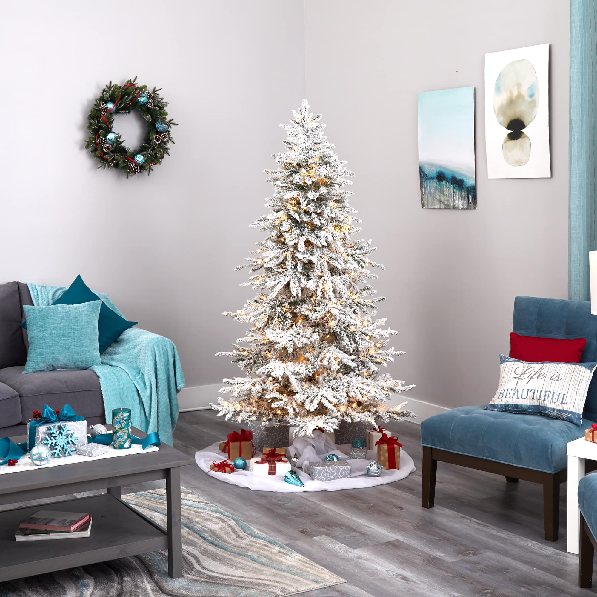 6.5ft. Pre-Lit Flocked Grand Northern Rocky Fir Artificial Christmas Tree, Warm Micro LED Lights