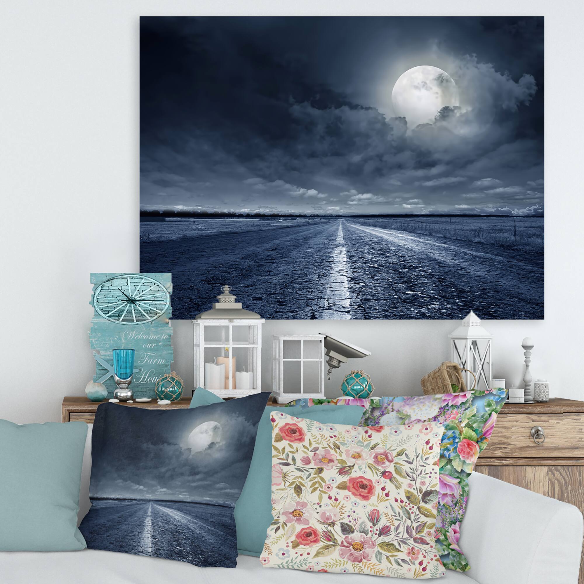 Designart - Asphalt Road Under Cloudy Full Moon I - Nautical &#x26; Coastal Canvas Wall Art Print
