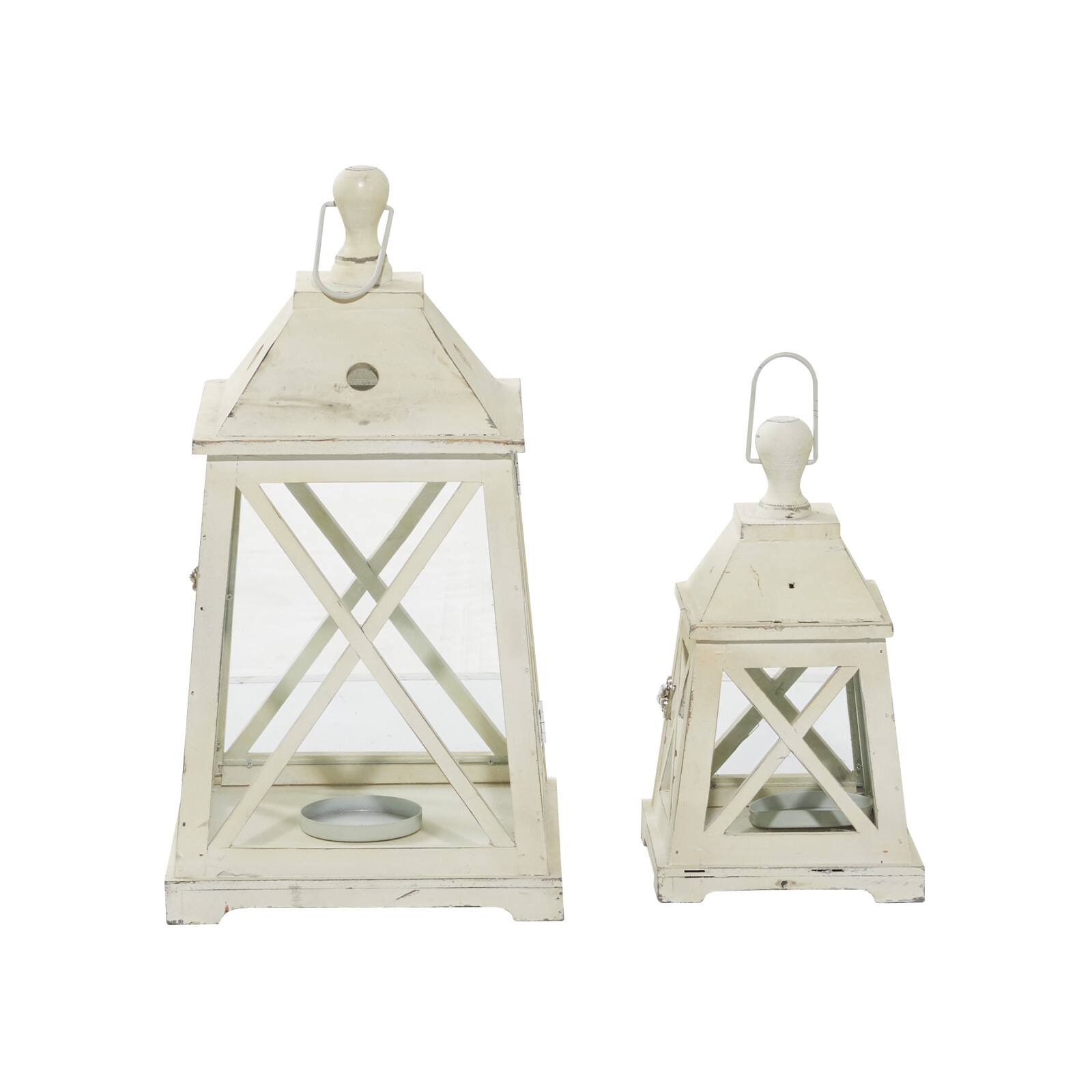Set of 2&#x22; White Wood Coastal Lantern, 19&#x22;, 12&#x22;