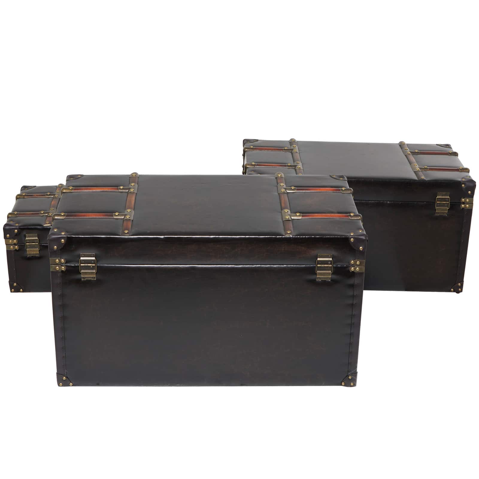 Dark Brown Faux Leather Studded Trunk with Latches & Handles Set