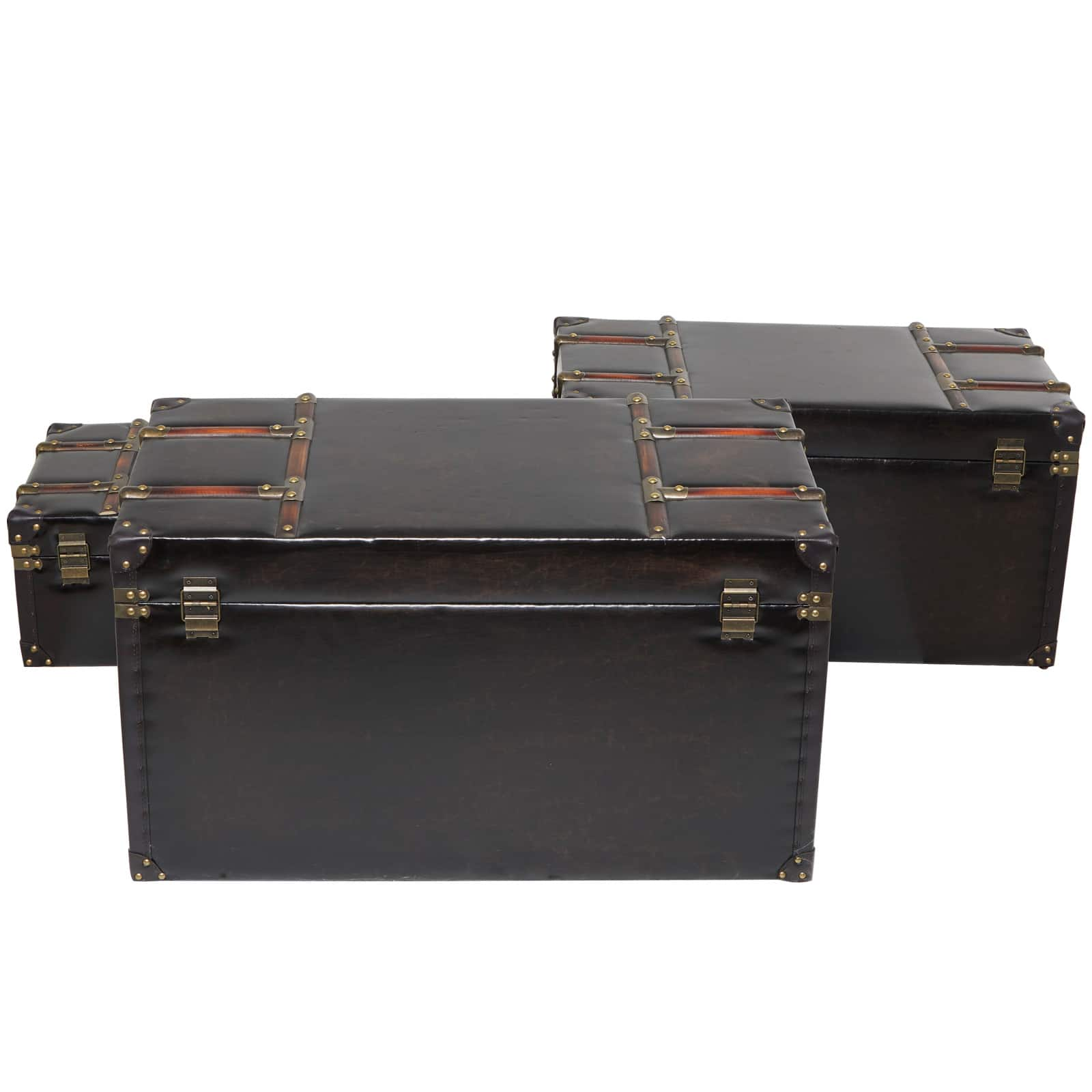 Dark Brown Faux Leather Studded Trunk with Latches &#x26; Handles Set