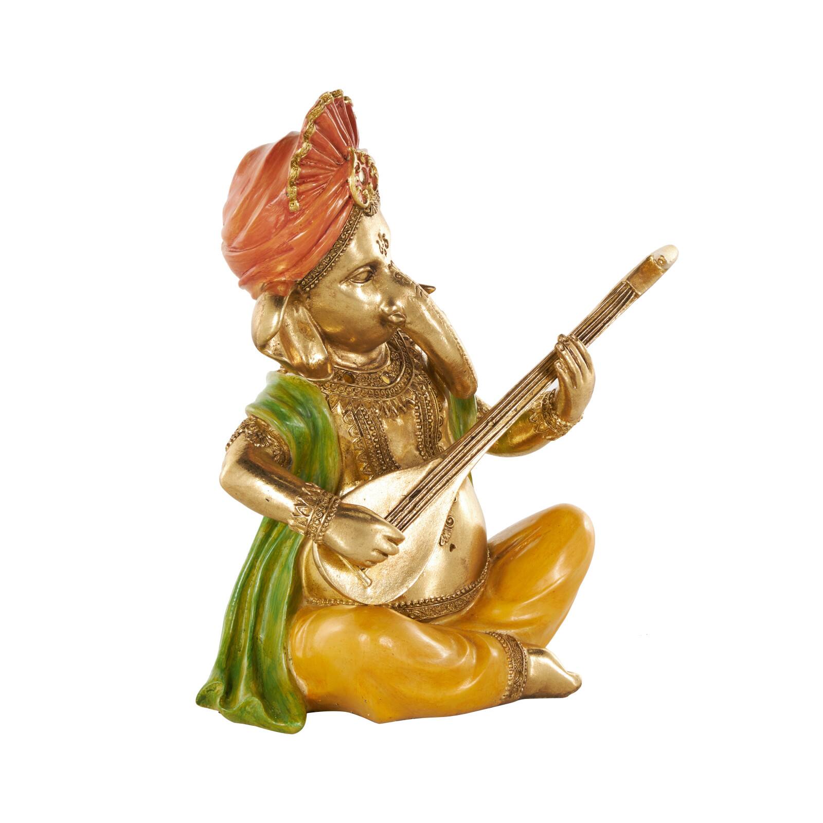 10.75" Gold Ganesh Musician Decorative Sculpture with Green, Yellow, and Red Accents