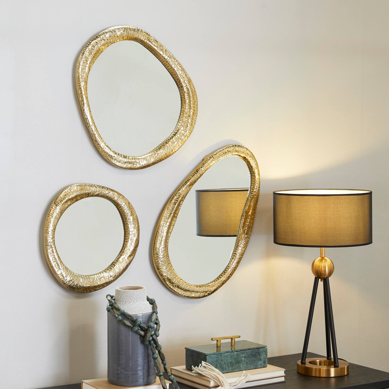 Gold Aluminum Contemporary Abstract Wall Mirror, Set of 3 23", 19", 15"