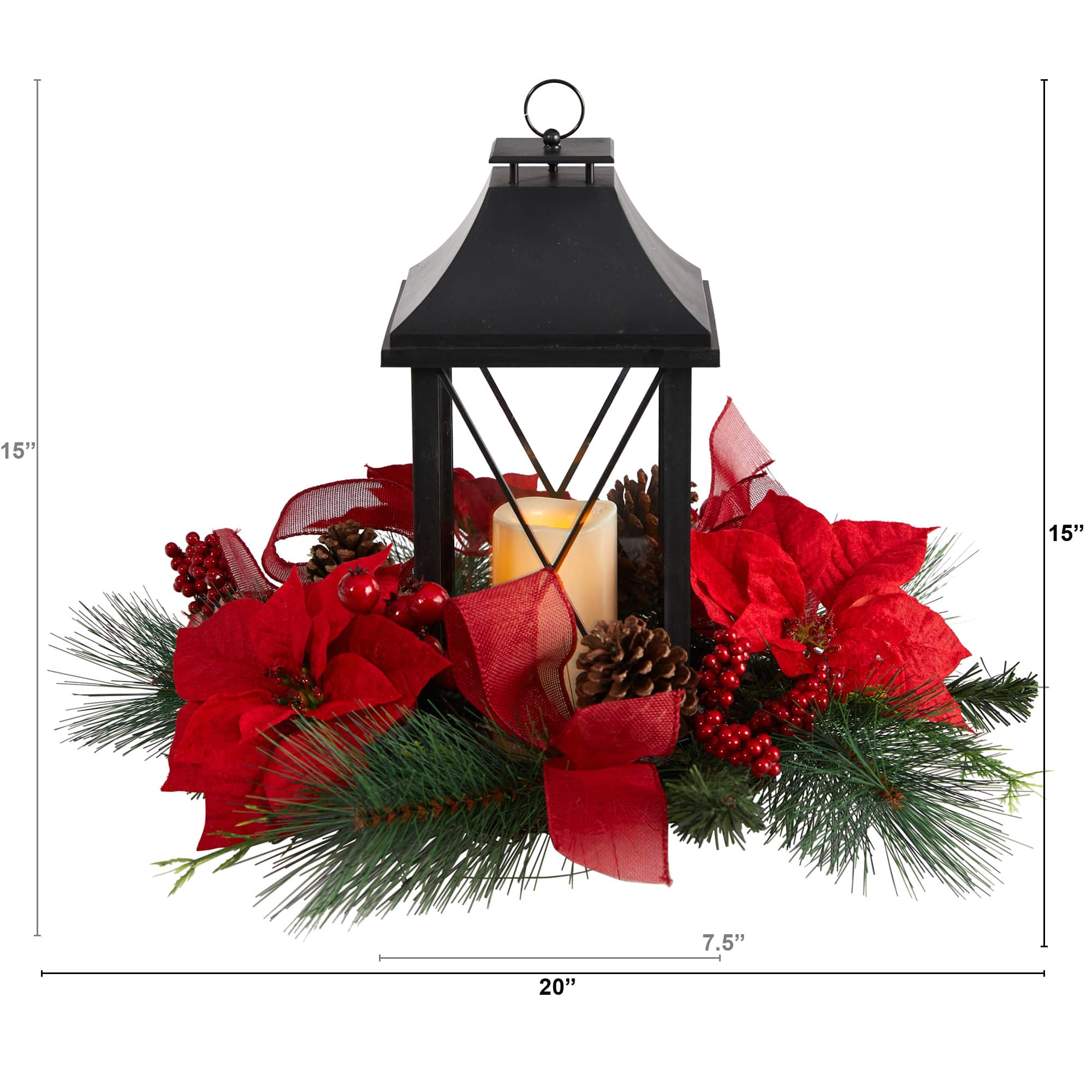 15&#x22; Red Poinsettia, Pinecone &#x26; Greenery Lantern with LED Candle Artificial Christmas Arrangement