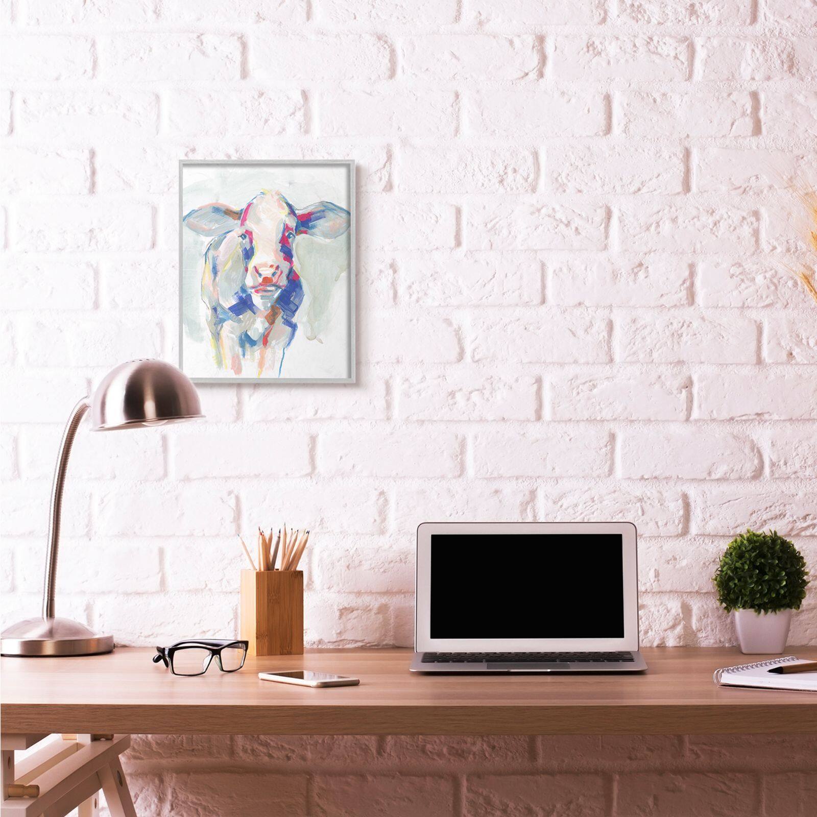 Stupell Industries Colorful Cow Animal Painting with Gray Frame Wall Accent