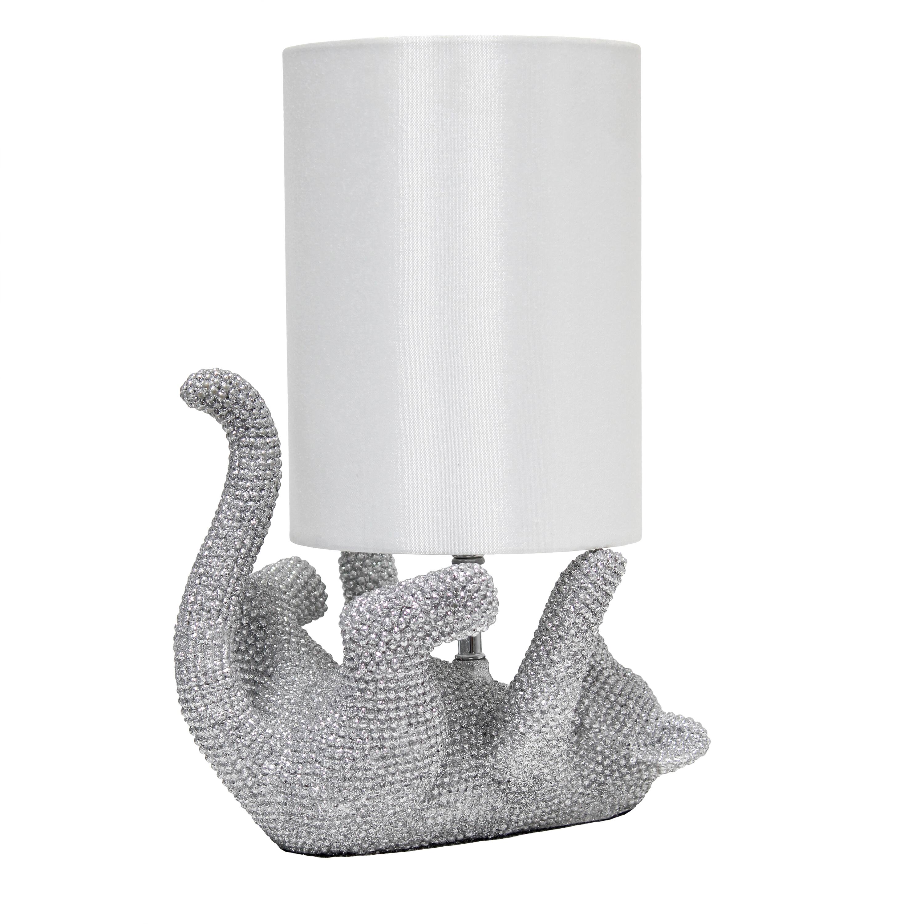Lalia Home 12.6" Silver Diamond Studded Cat Table Lamp with Faux Silk Shade