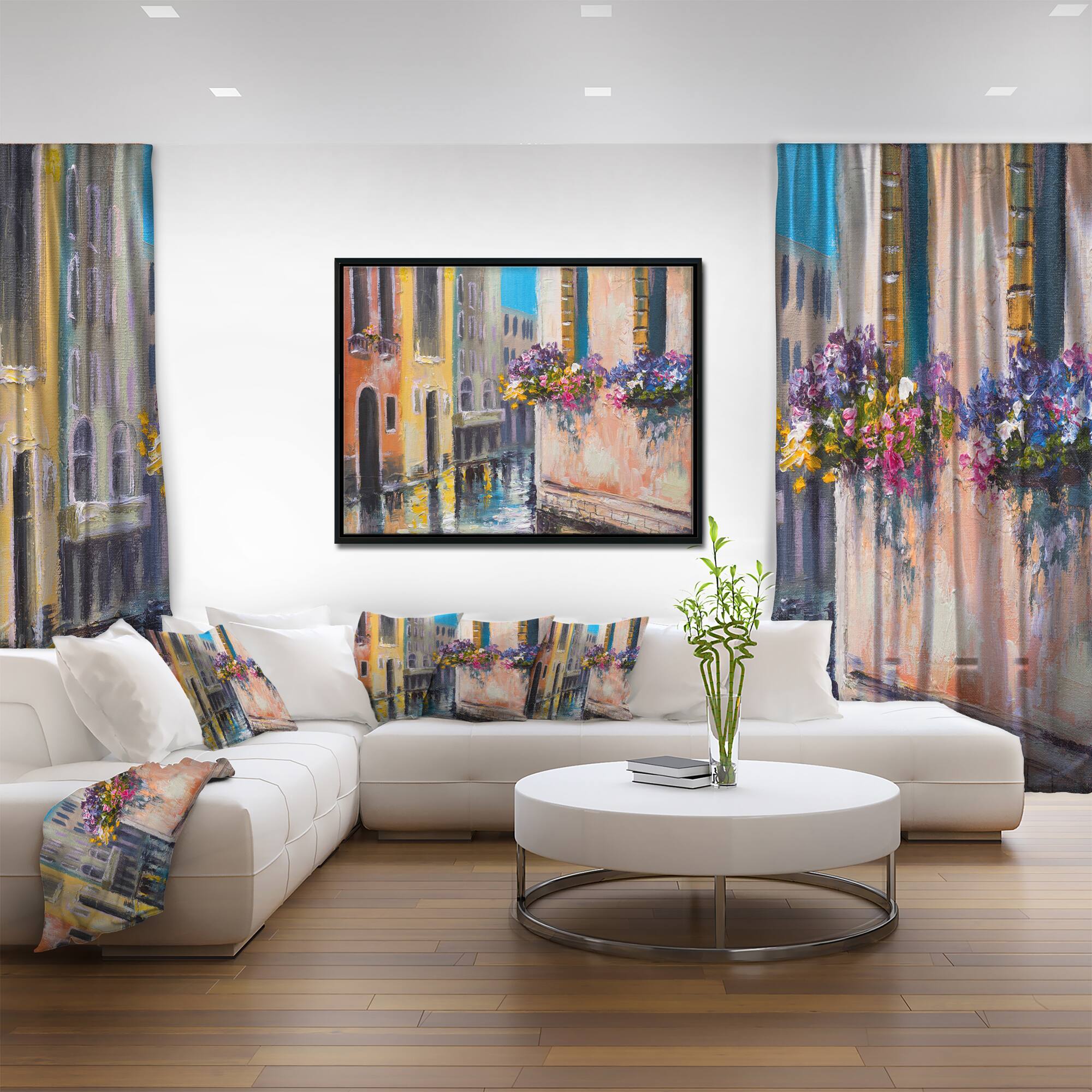 Designart - Canal in Venice with Flowers - Cityscape Canvas Art Print in Black Frame