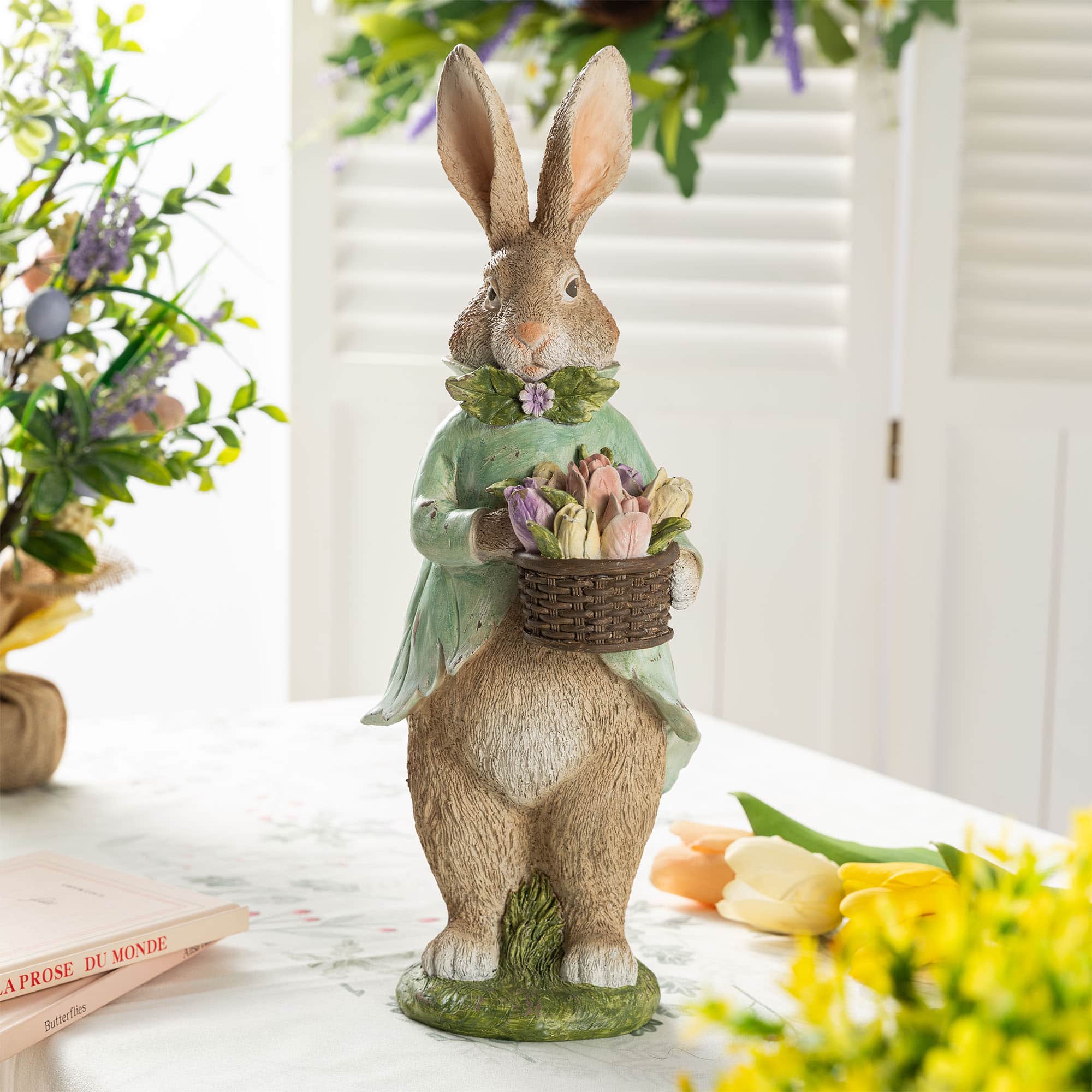 Glitzhome® 15.75" Easter Resin Bunny Boy with Flowers Table Decor