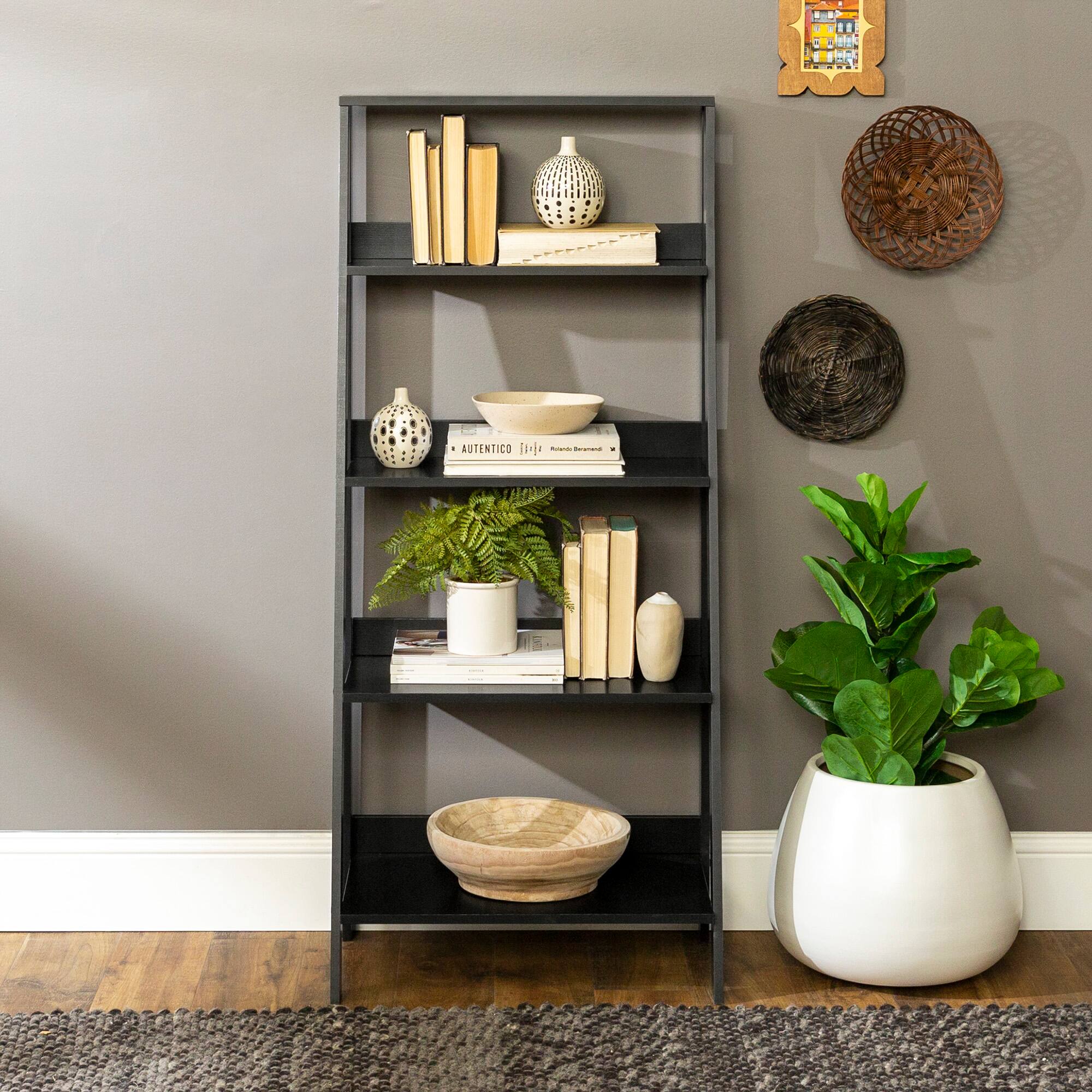 Walker Edison 55&#x22; Black Modern Ladder Bookshelf