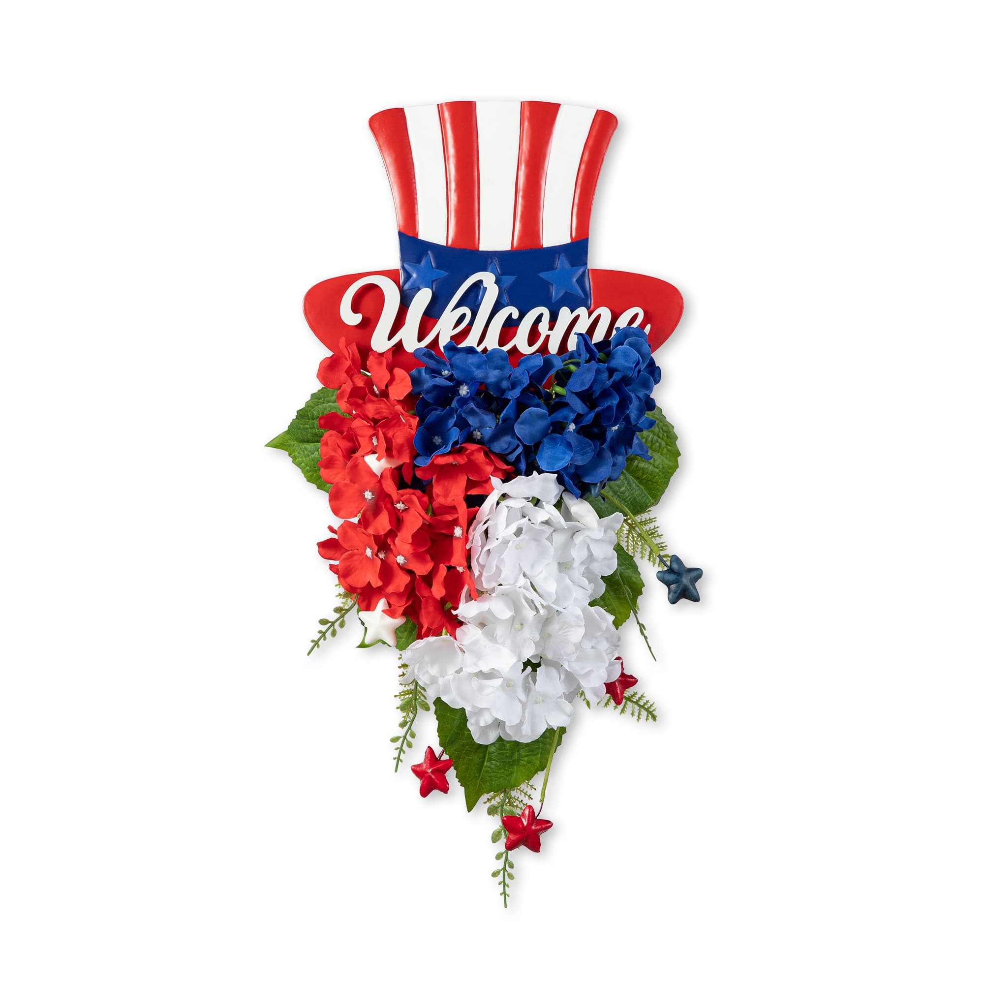 Glitzhome&#xAE; 22.5&#x22; Patriotic Americana Metal Top Hat &#x26; Hydrangea Swag Wall D&#xE9;cor