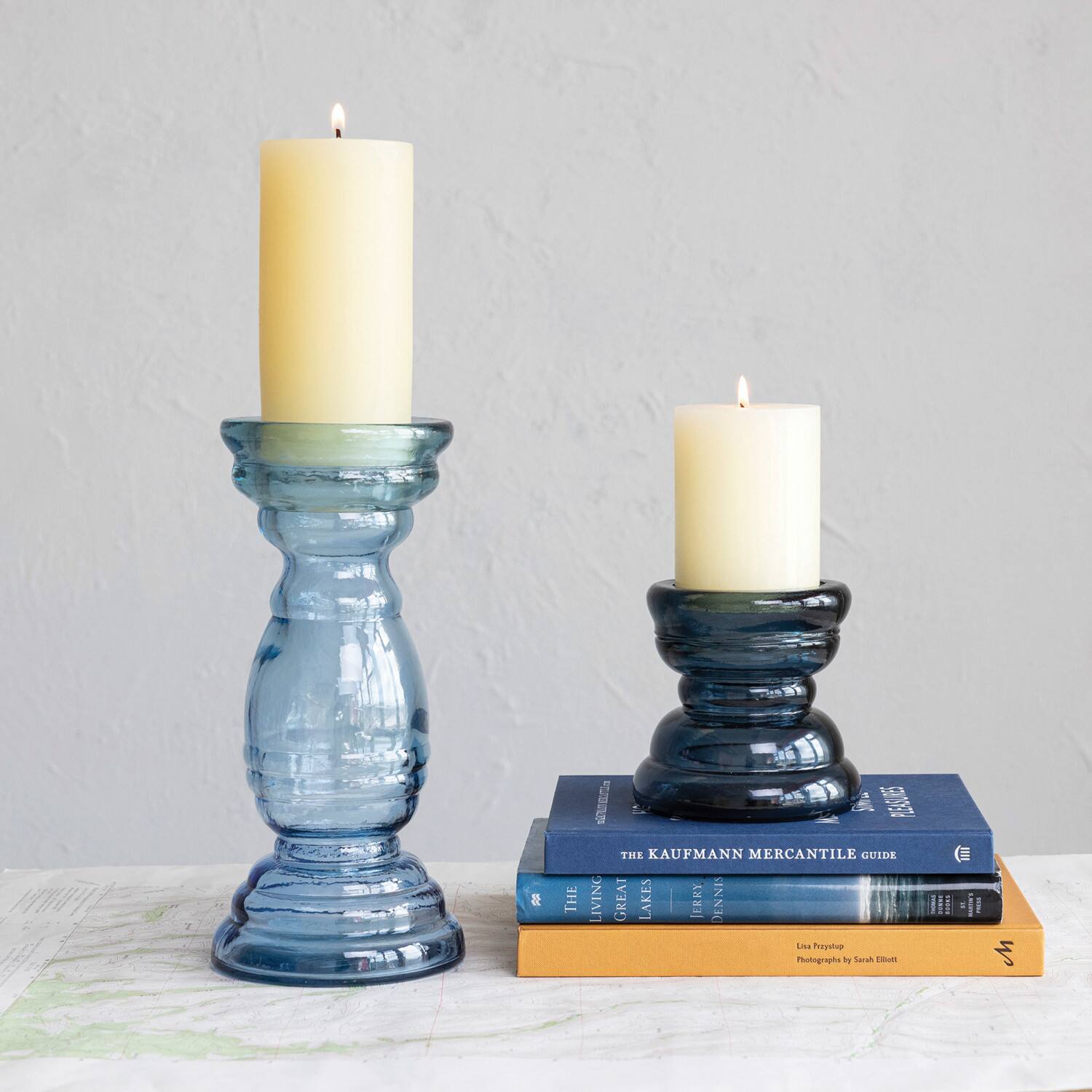 Hello Honey&#xAE; Blue Reclaimed Glass Pillar Candle Holder