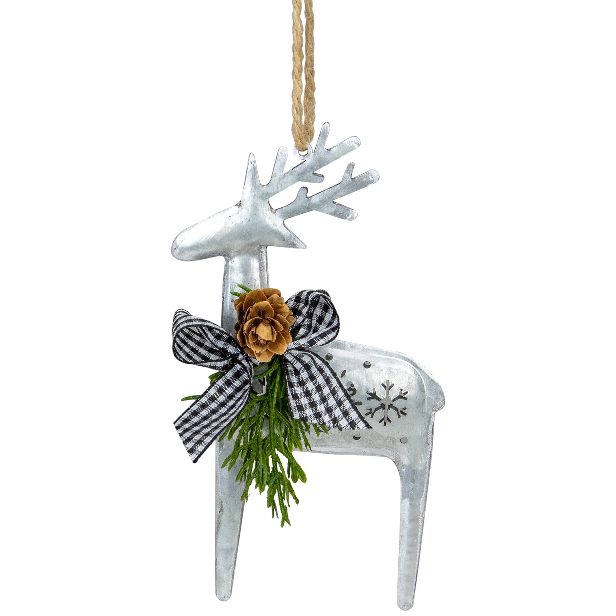 6.25" Silver Metal Reindeer Christmas Ornament with Black Gingham Bowtie & Pine