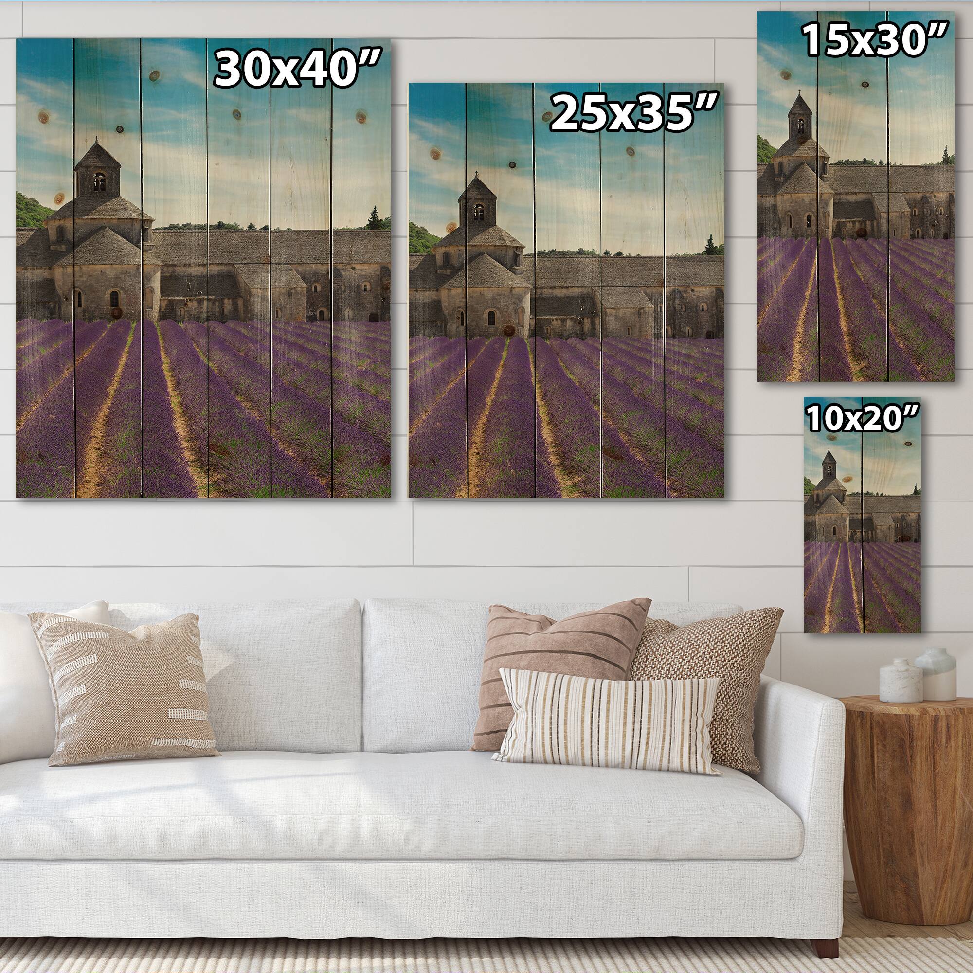 Designart - Lavender Field With Abbey In France - Farmhouse Print on Natural Pine Wood