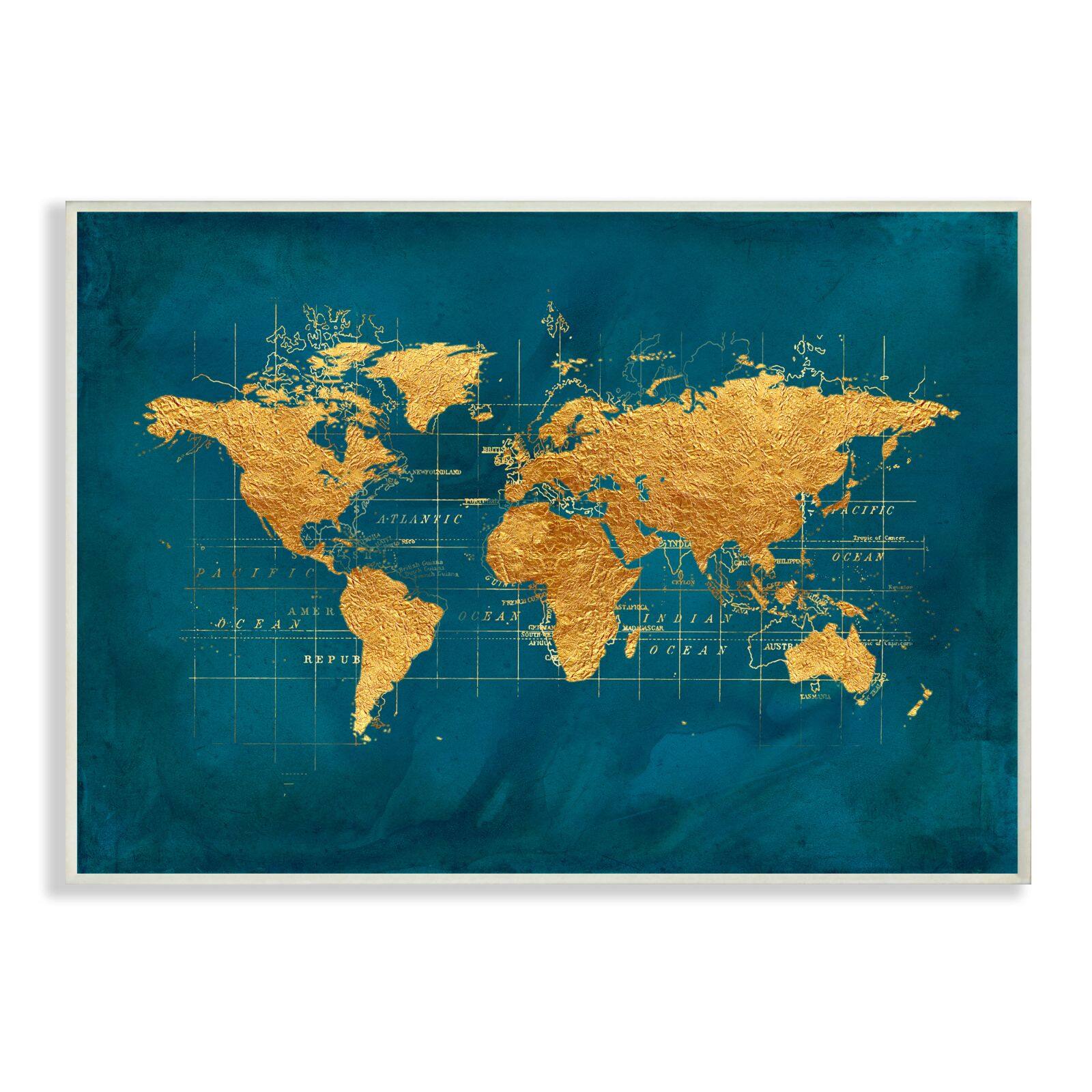 Stupell Industries World Map Gold Blue Texture Watercolor Chart Design Wood Wall Plaque