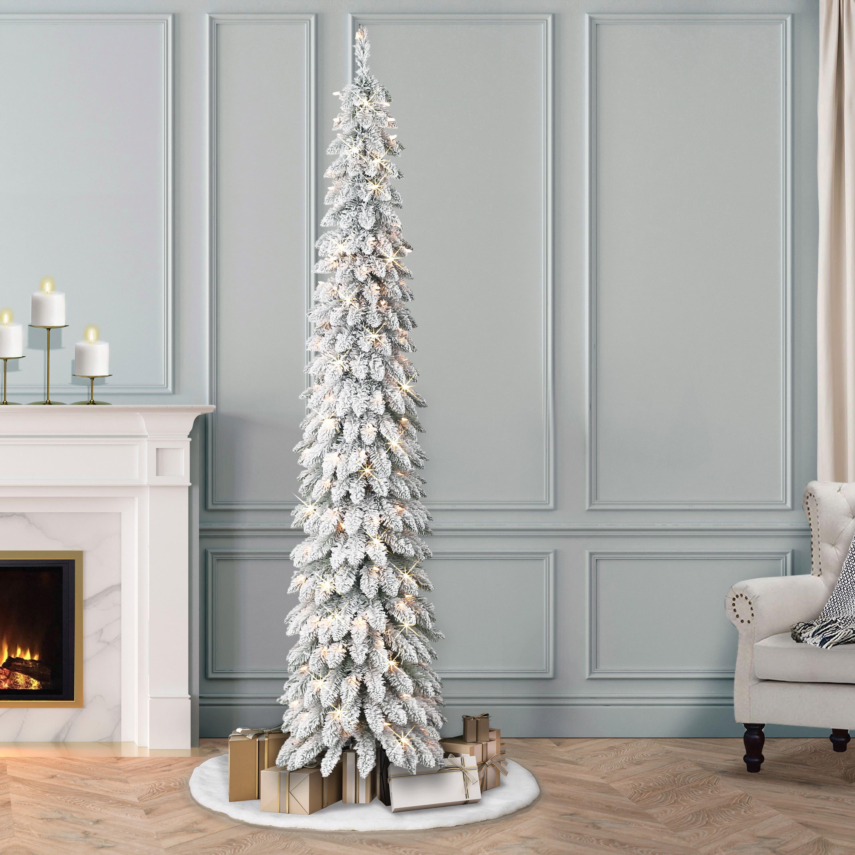 7ft. Pre-Lit Flocked Artificial Alpine Pencil Tree, Clear Lights