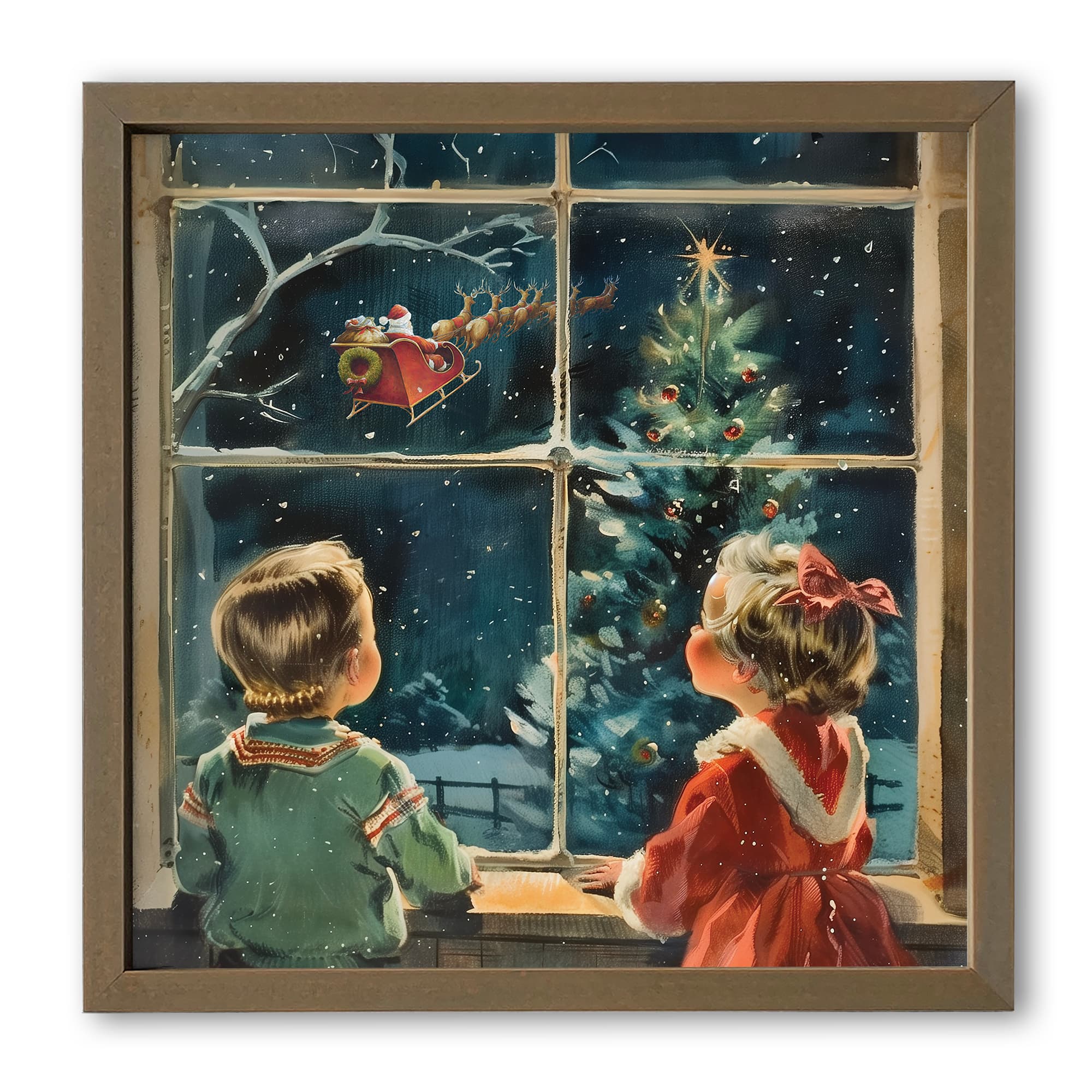 Vintage Christmas Window Scene 16&#x22; x 16&#x22; Brown Framed Print