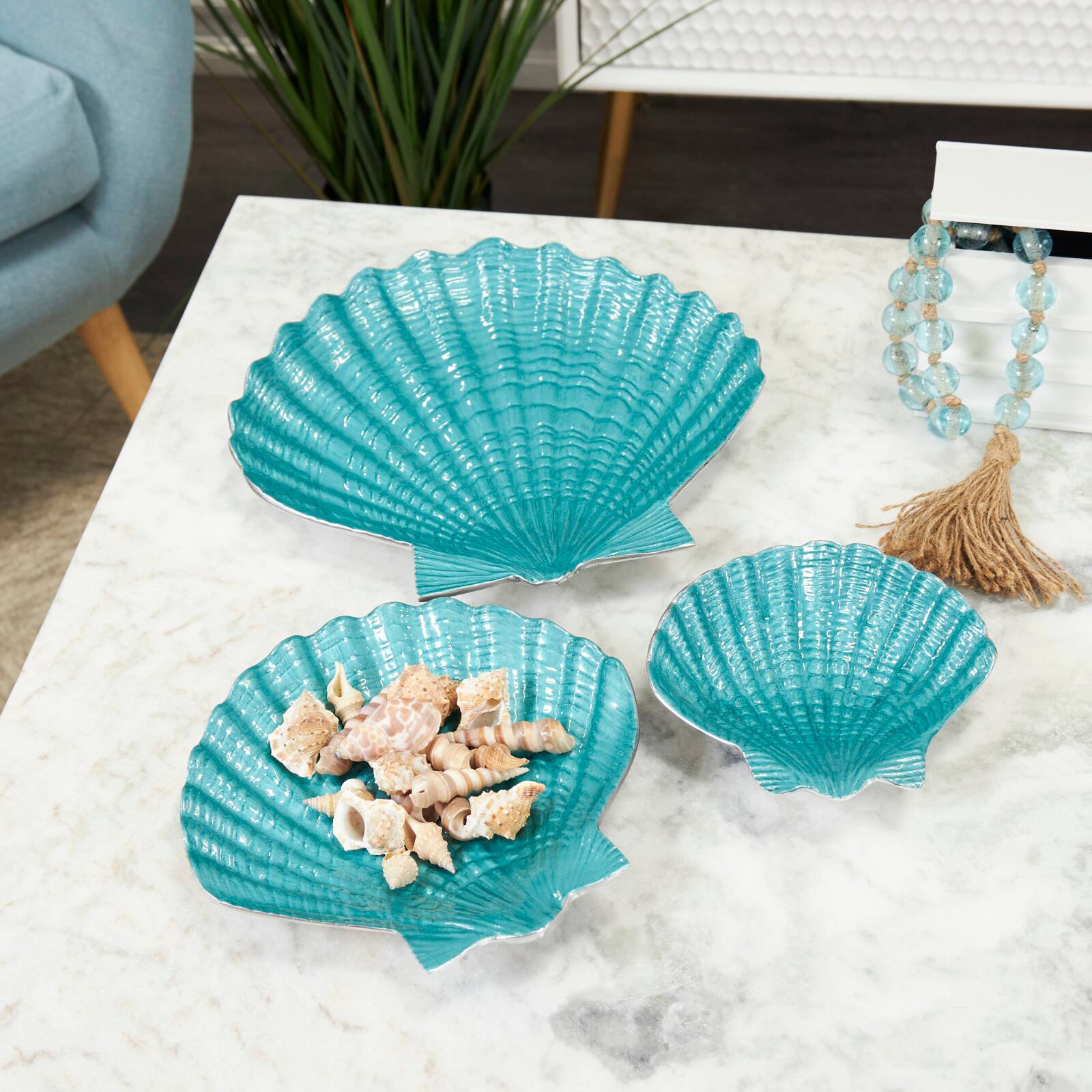 Teal & Silver Handmade Enameled Aluminum Shell Bowl Set