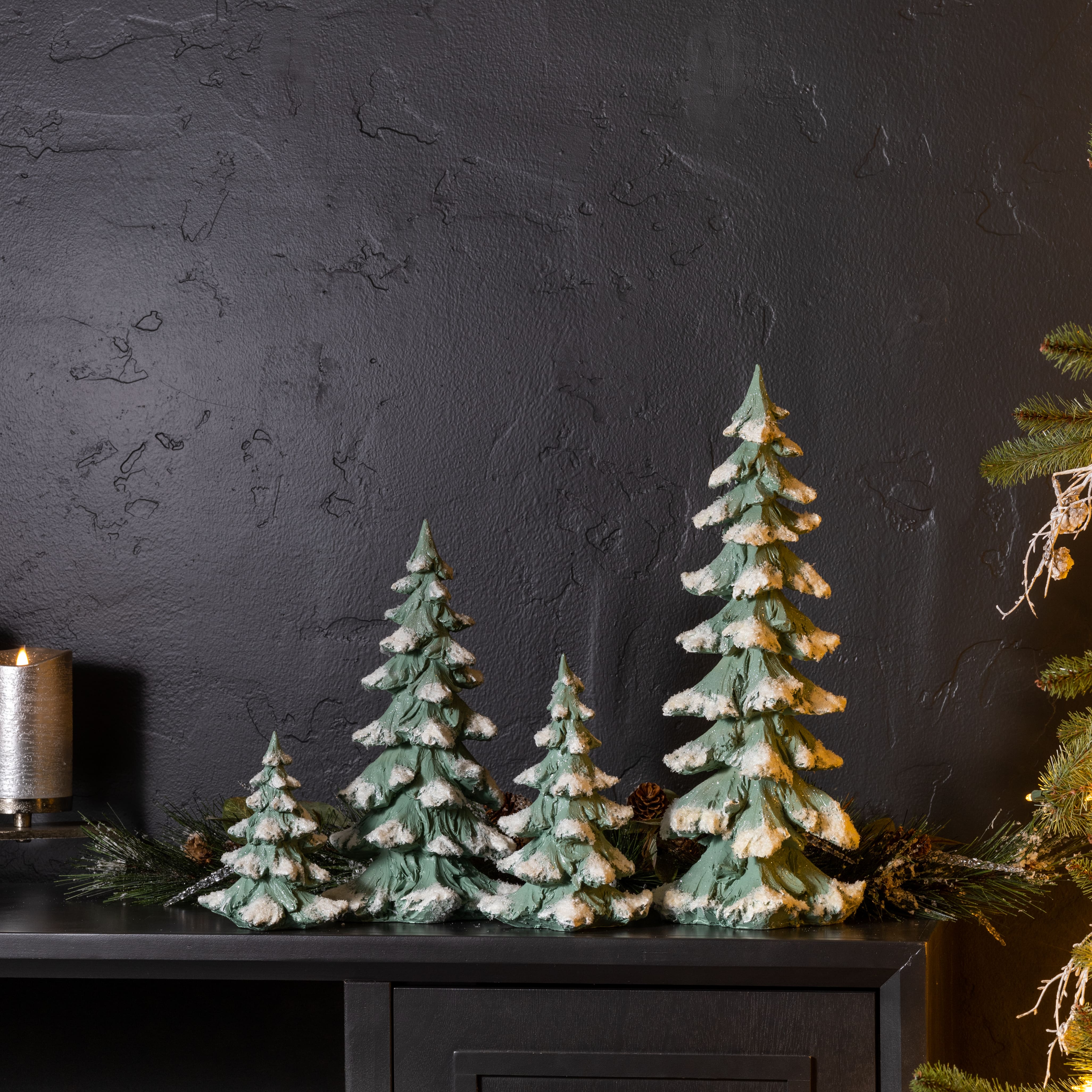 Flocked Seafoam Pine Tree with Carved Design Set