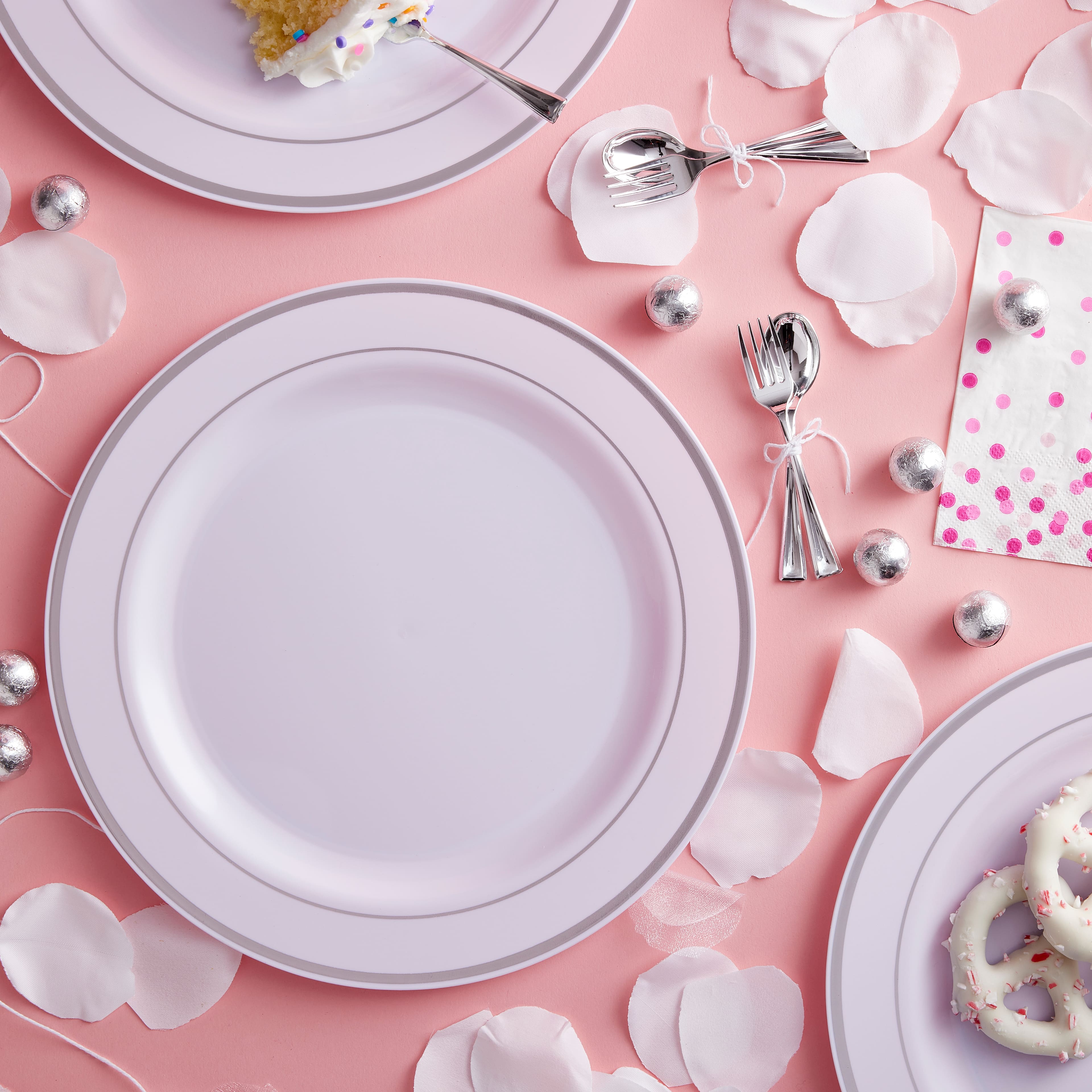 12 Packs: 10 ct. (120 total) 10.3" Round Banquet Plates with Silver Trim by Celebrate It™