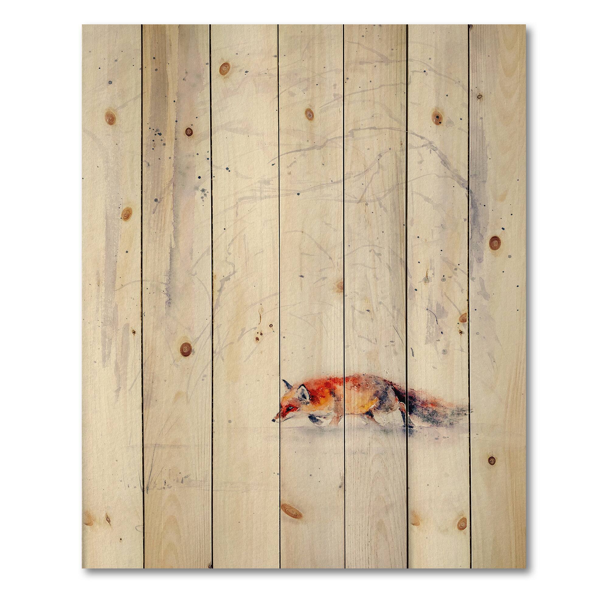 Designart - Red Fox Running In White Snow II - Farmhouse Print on Natural Pine Wood