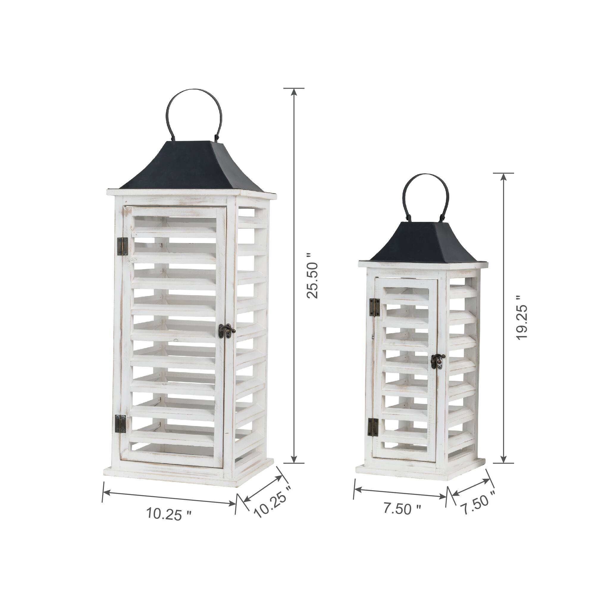 Modern Farmhouse White Wooden Shutter Lantern Set, 25.5&#x22; &#x26; 19&#x22;