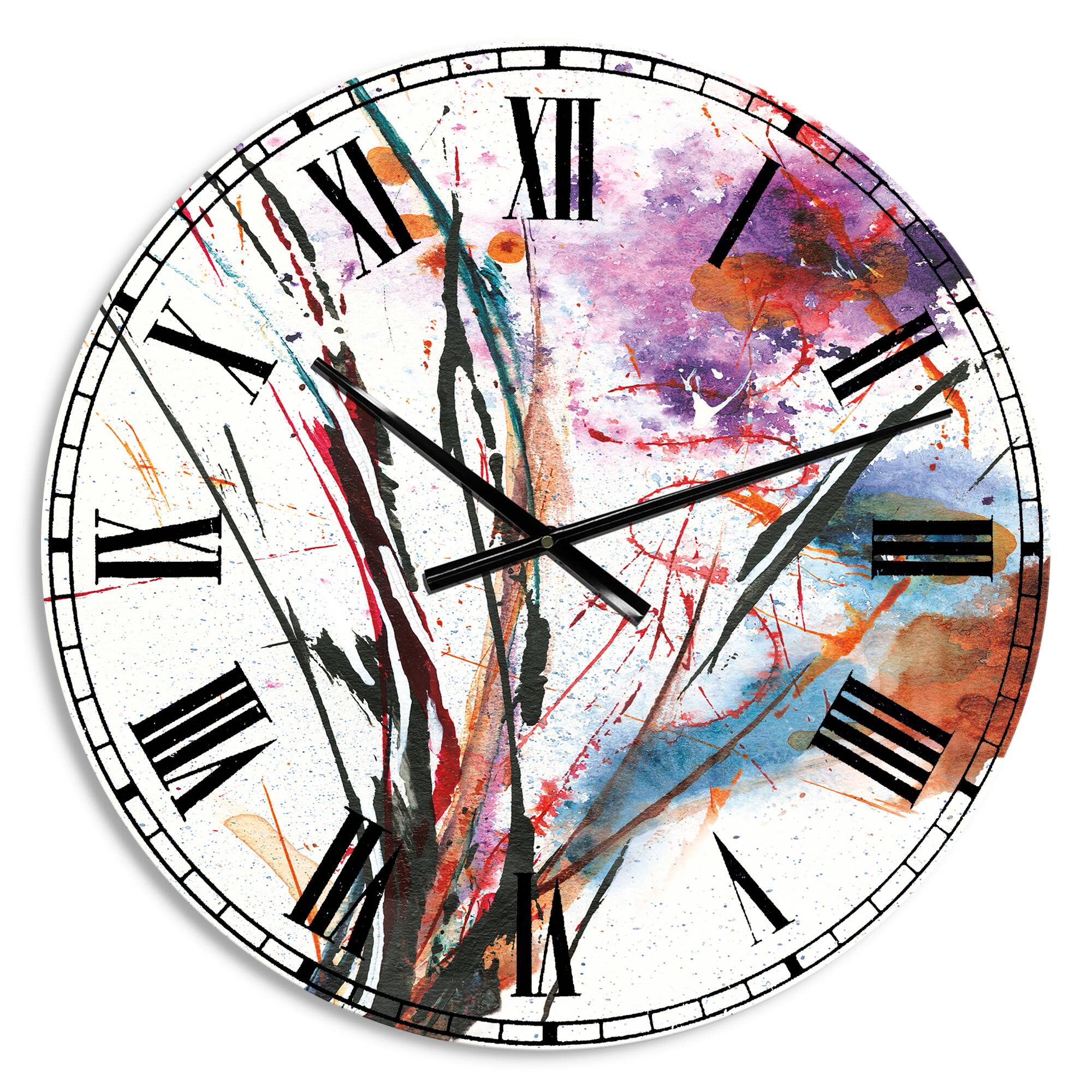 Designart 'Abstract Handpainted Purple And Blue Flowers Traditional Wall Clock