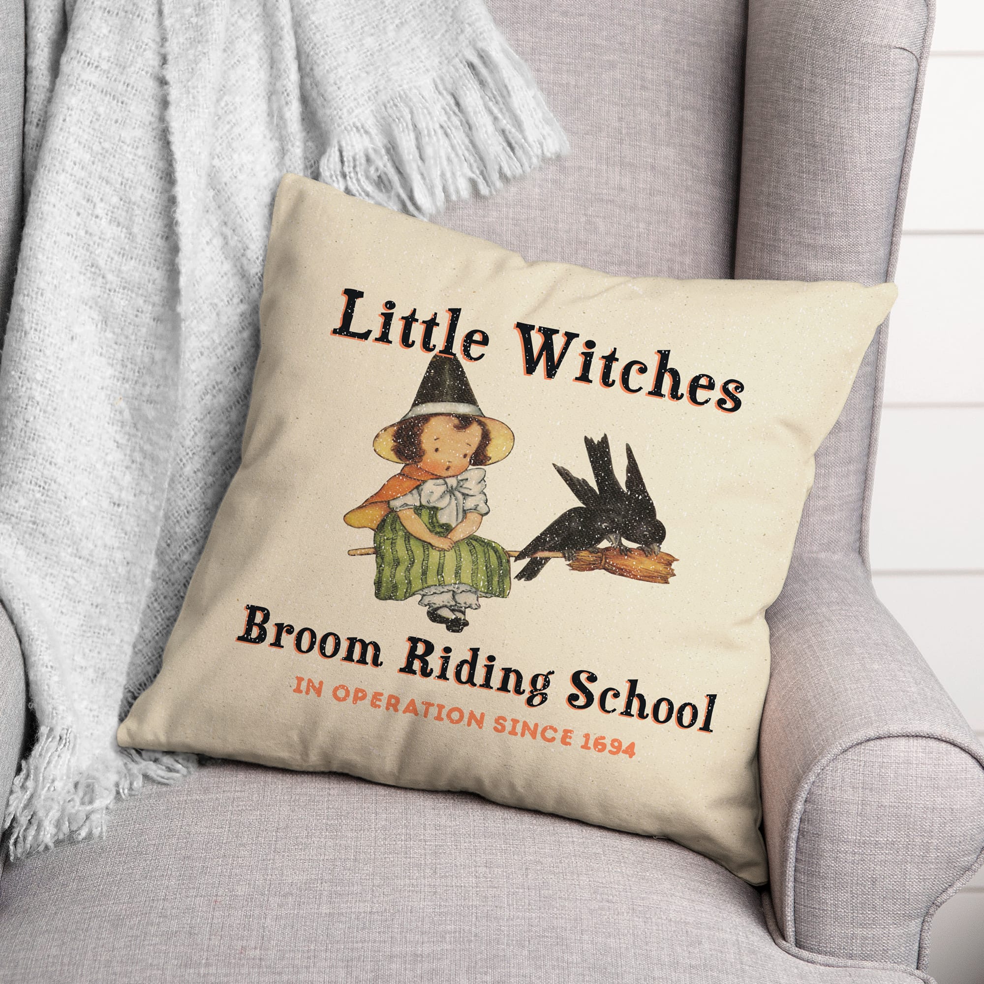 Lil Witch Broom Riding School Spun Poly Throw Pillow