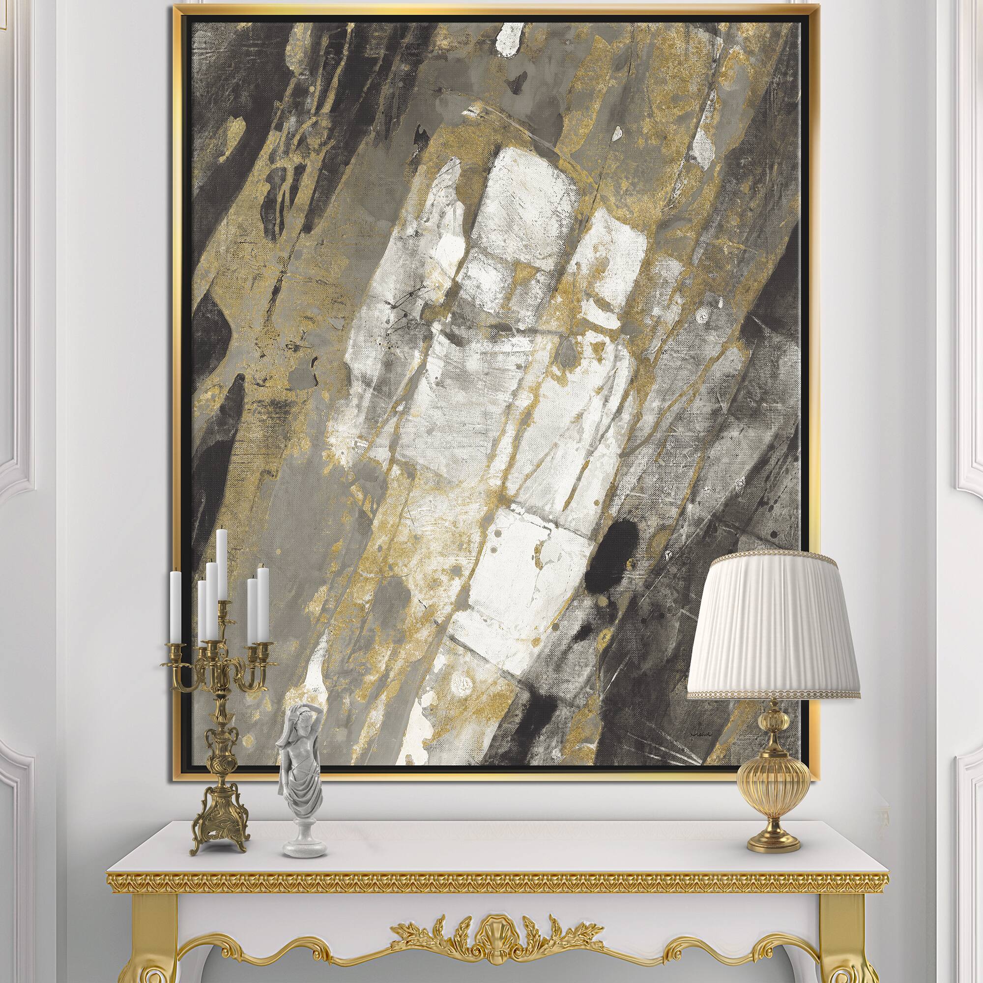 Designart - Gold, Black and White Hanpainted Abstract - Traditional Canvas in Gold Frame