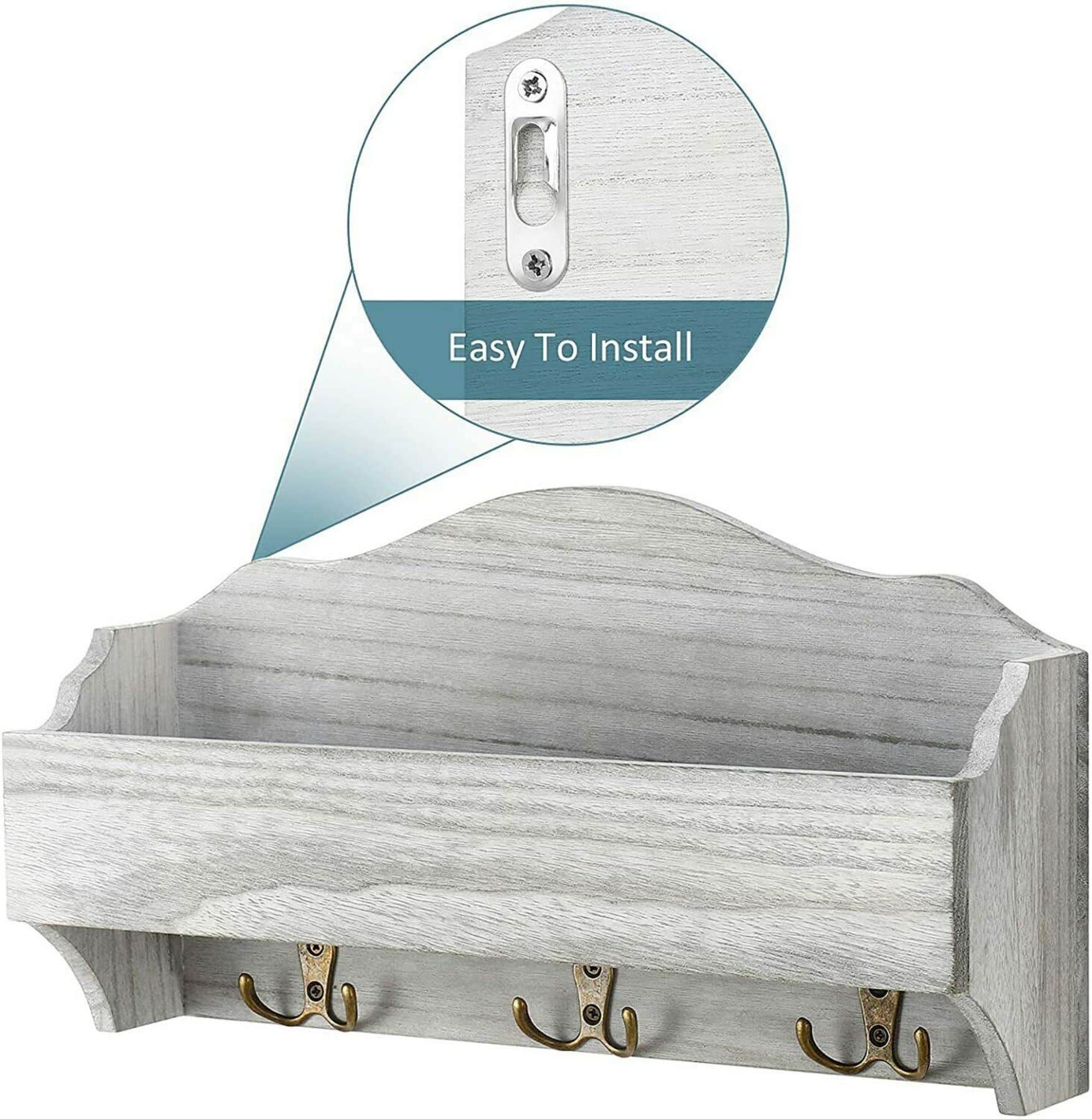 Rustic White Wooden Mail 1-Piece Floating Wall Shelf With 6 Key Hooks