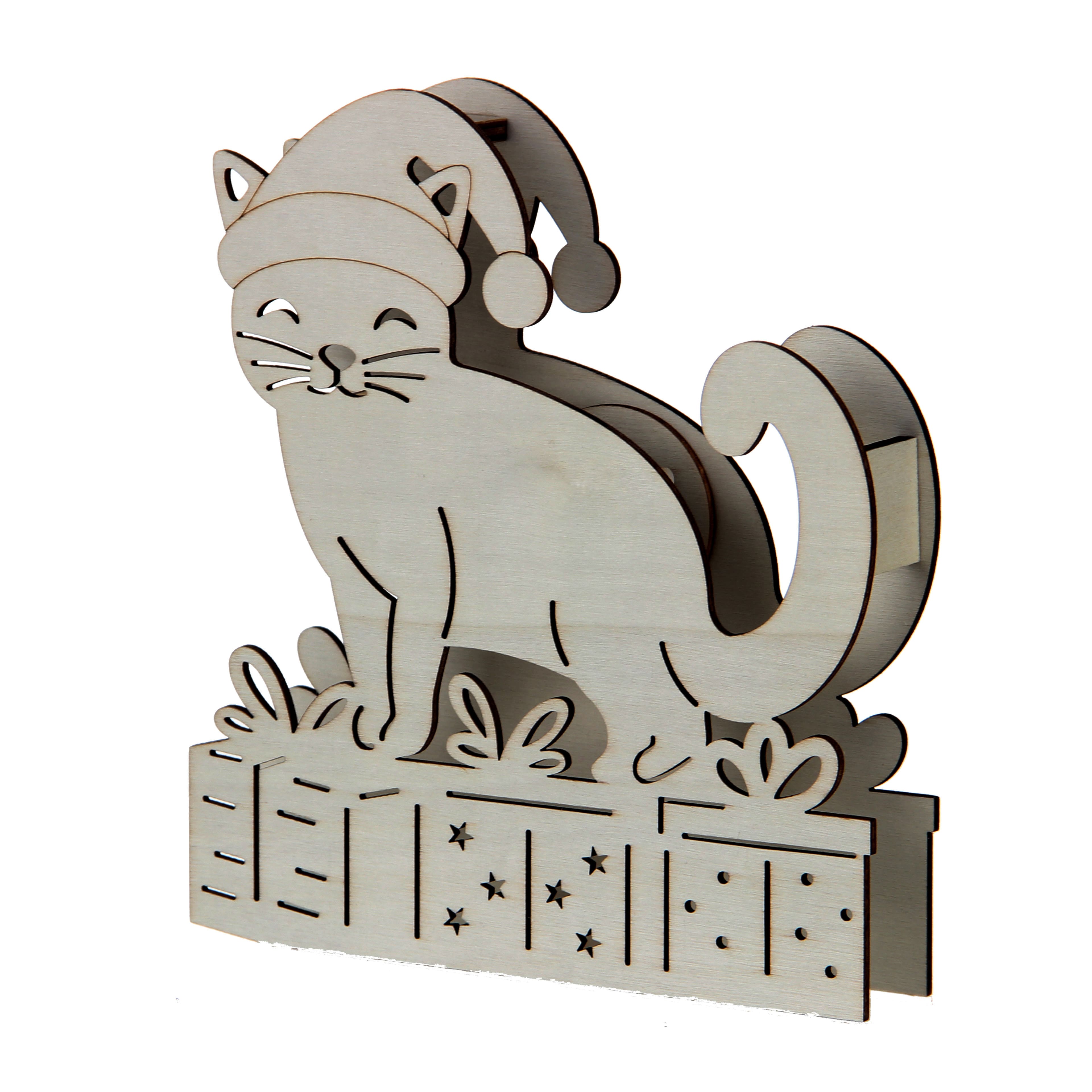 7&#x22; Unfinished Cat in Santa Hat DIY LED Wood D&#xE9;cor by Make Market&#xAE;