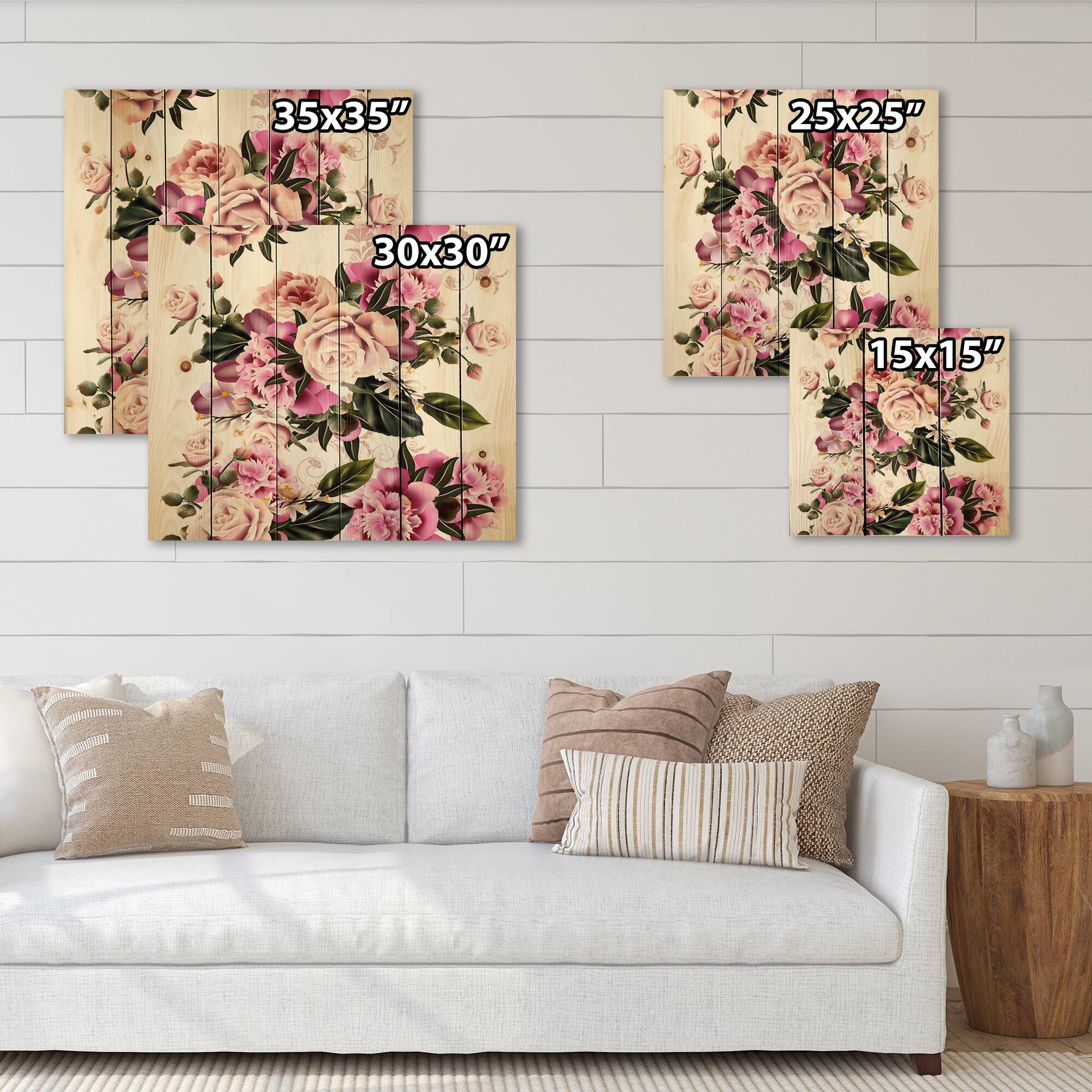 Designart - Vintage Peony Flowers - Traditional Print on Natural Pine Wood