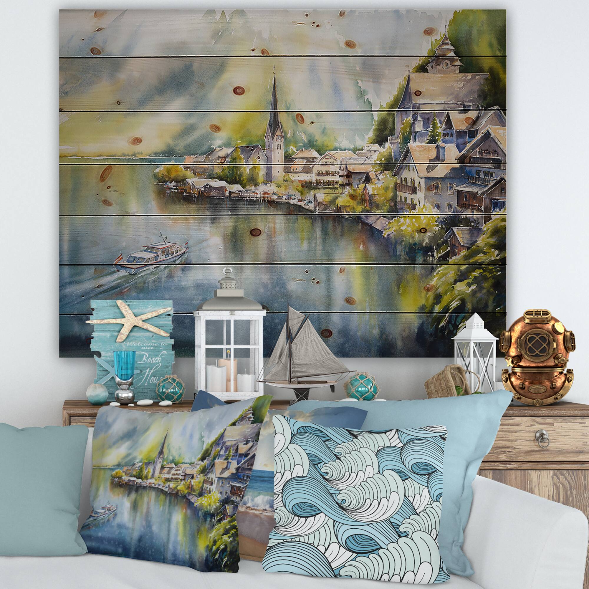 Designart - Mountain Village By The River In Austria - Nautical & Coastal Print on Natural Pine Wood
