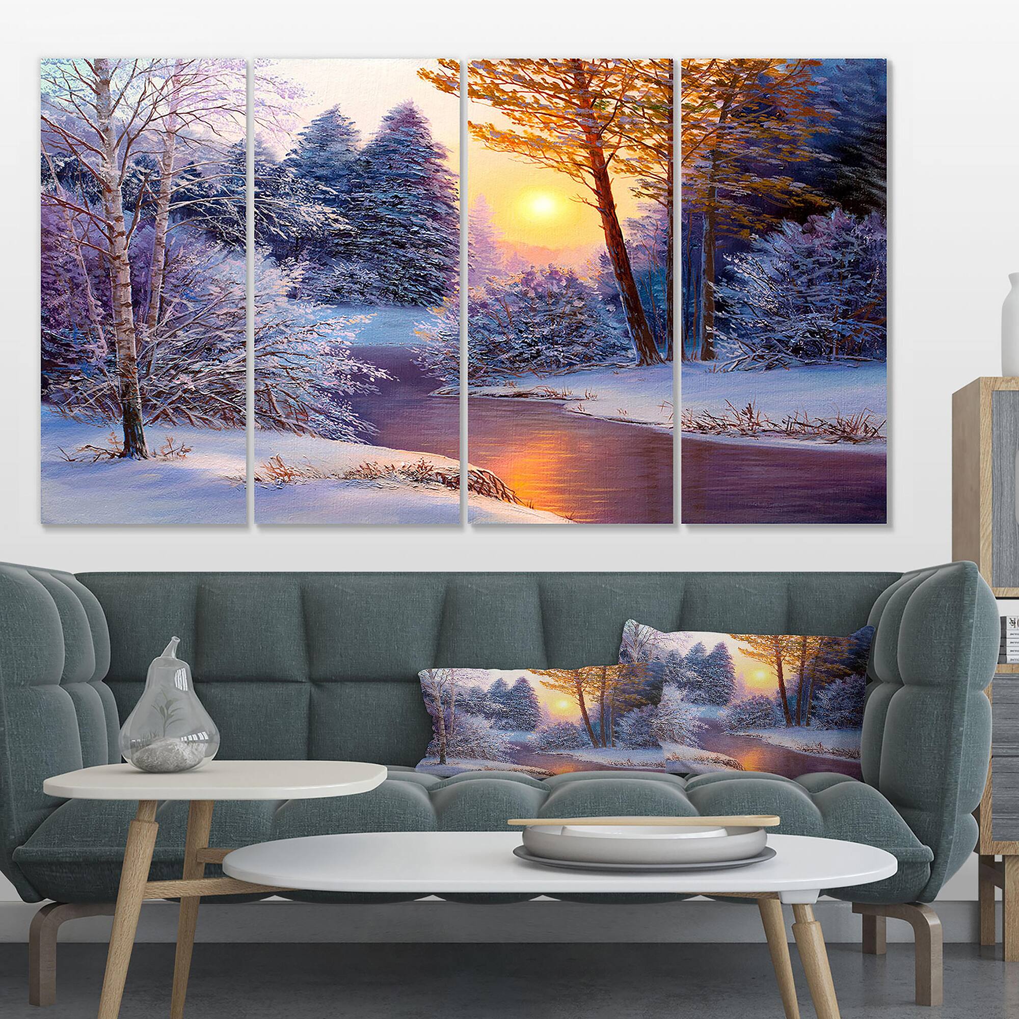 Designart - Winter Forest in River - Landscapes Painting Print on Wrapped Canvas set