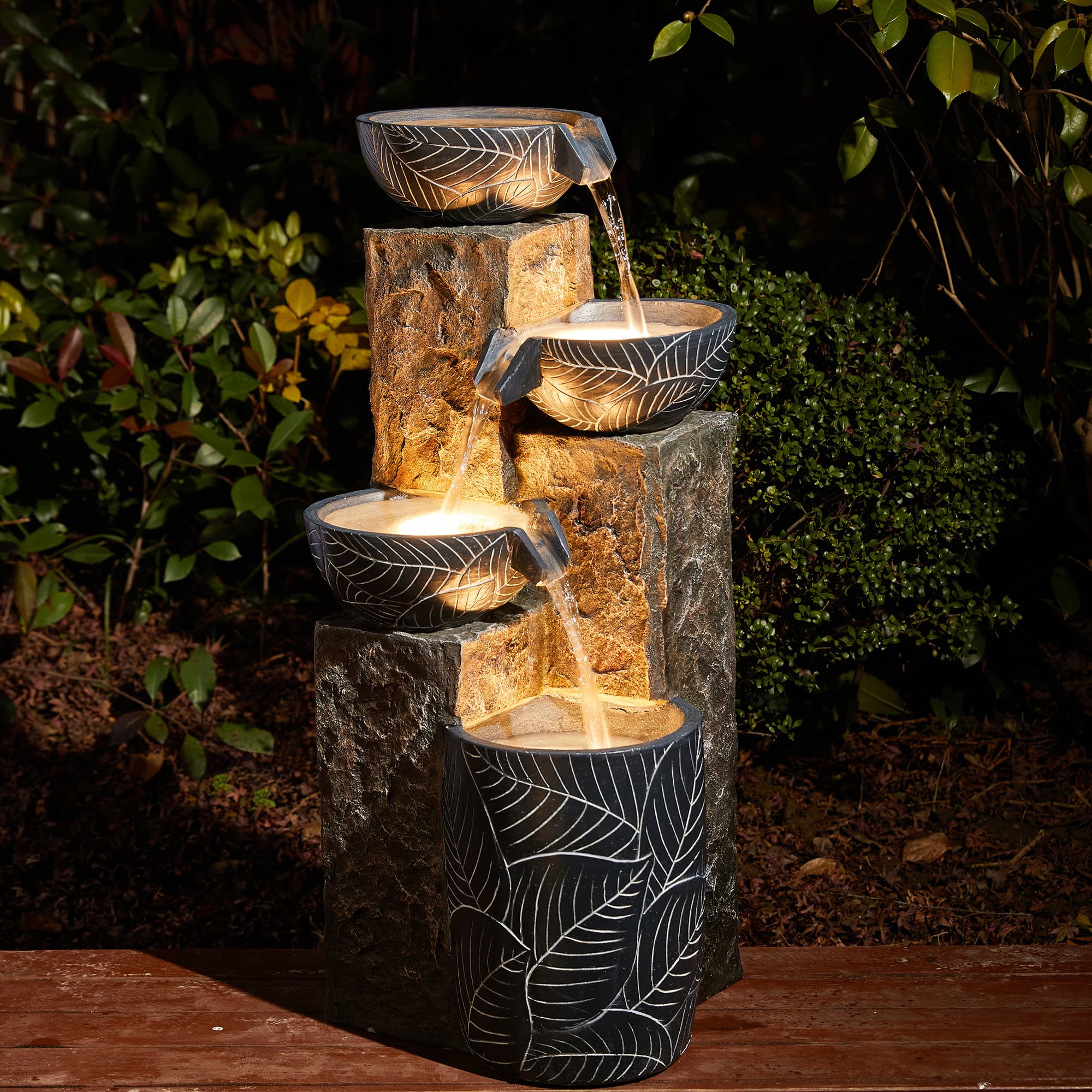 Glitzhome® 33" Natural Leaf Textured 4-Tier Outdoor Fountain