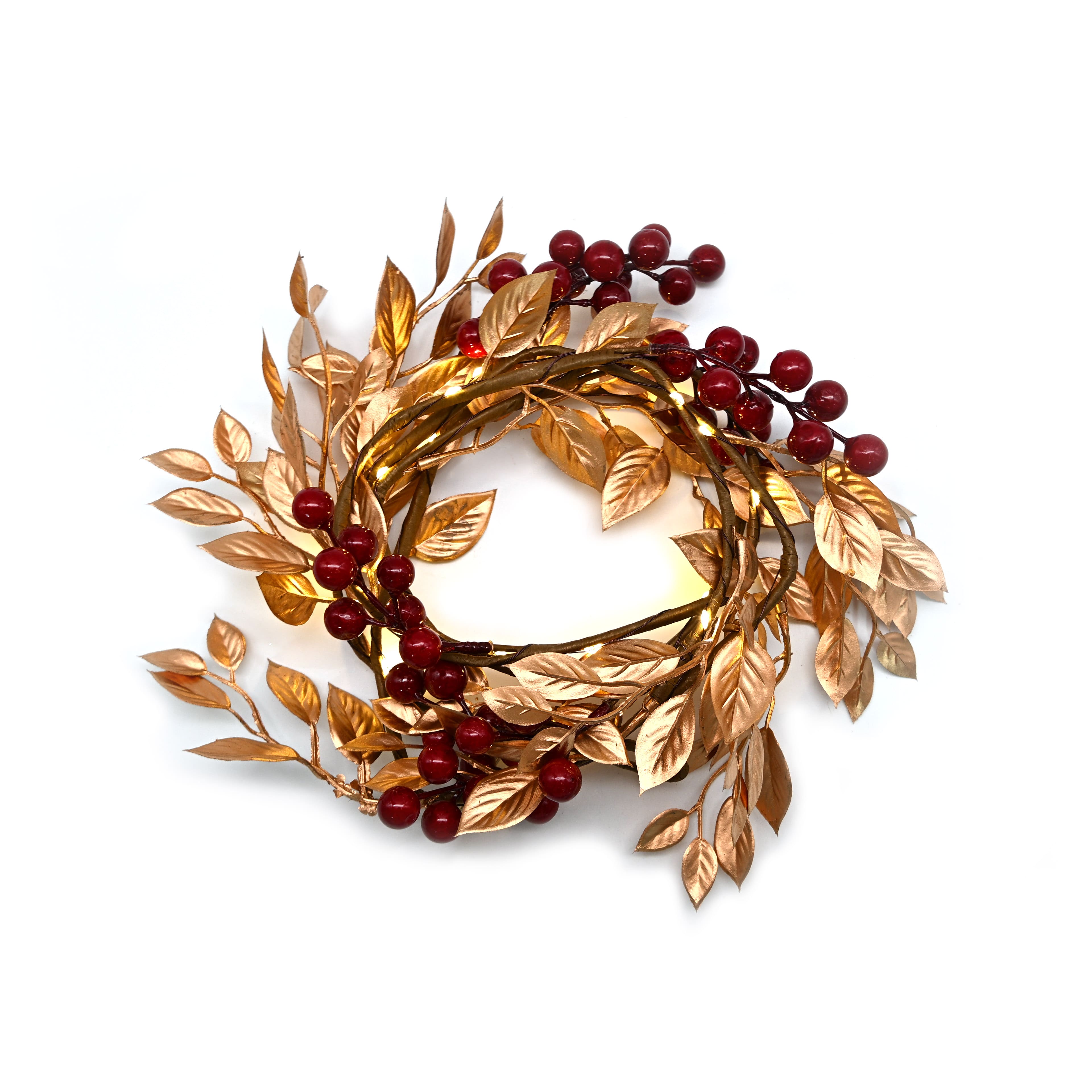 18ct. Warm White LED Red Berry & Gold Leaf Garland String Lights on Brown Wire by Ashland®