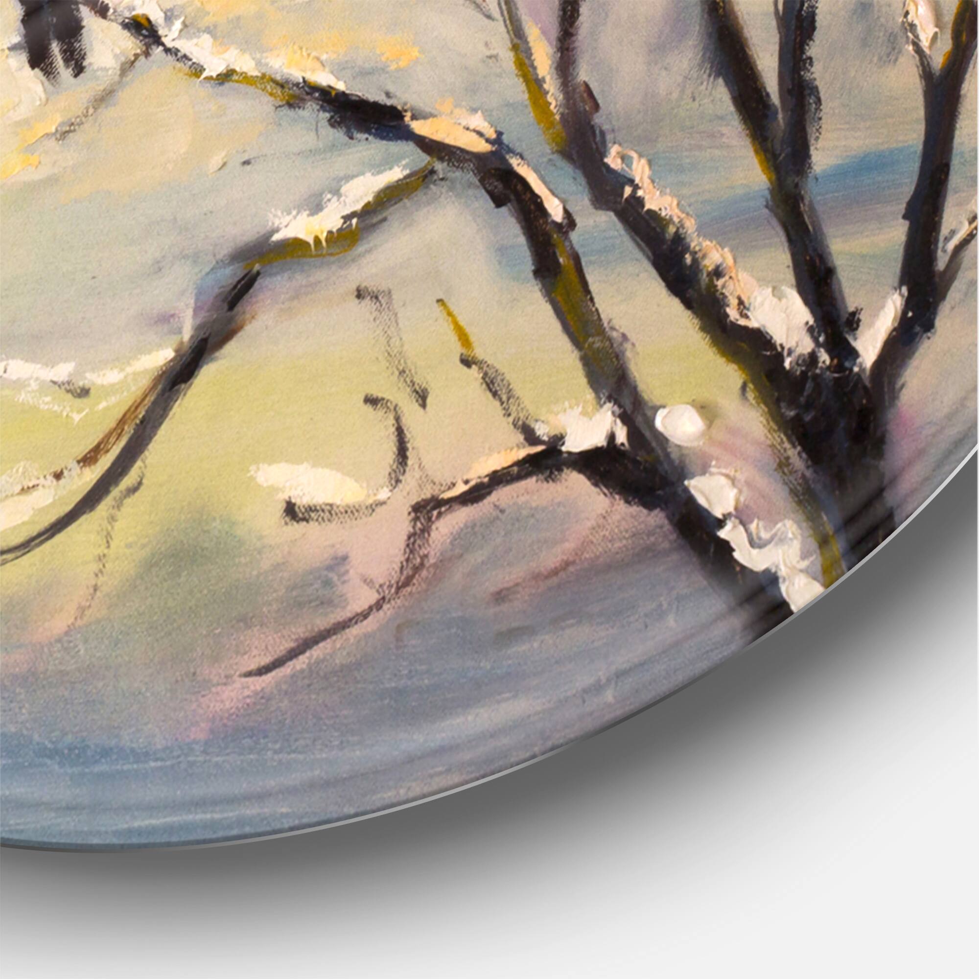 Designart - Rustic Birds On A Tree In Winter Village - Farmhouse Metal Circle Wall Art