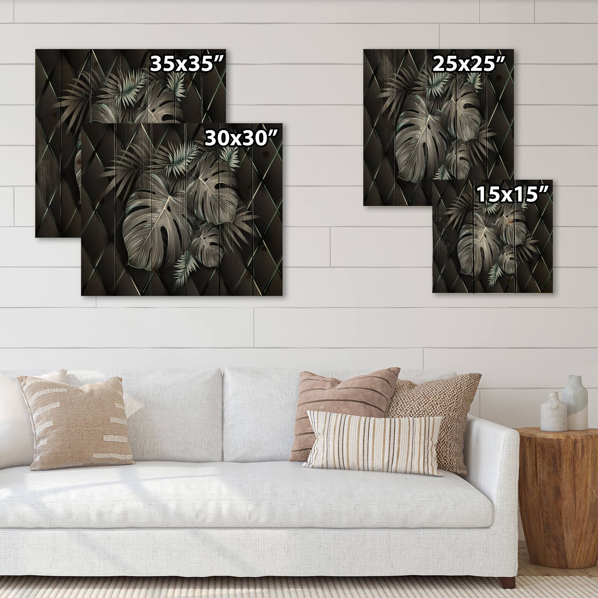 Designart - Black and Gold Tropical Leaves I - Modern Print on Natural Pine Wood