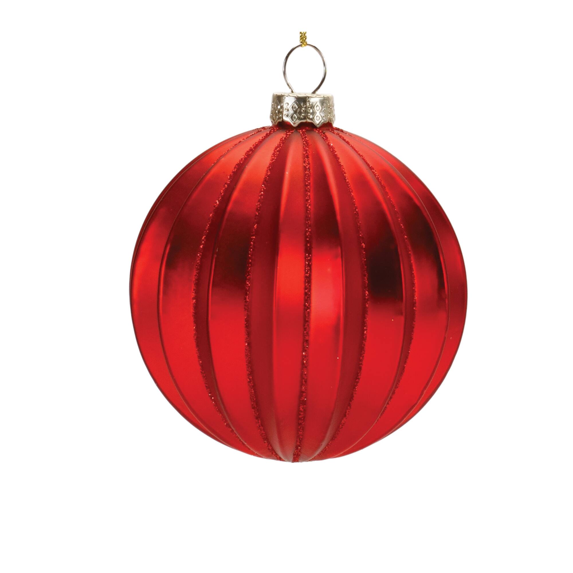 Red Glitter Ribbed Glass Ball Ornaments Set