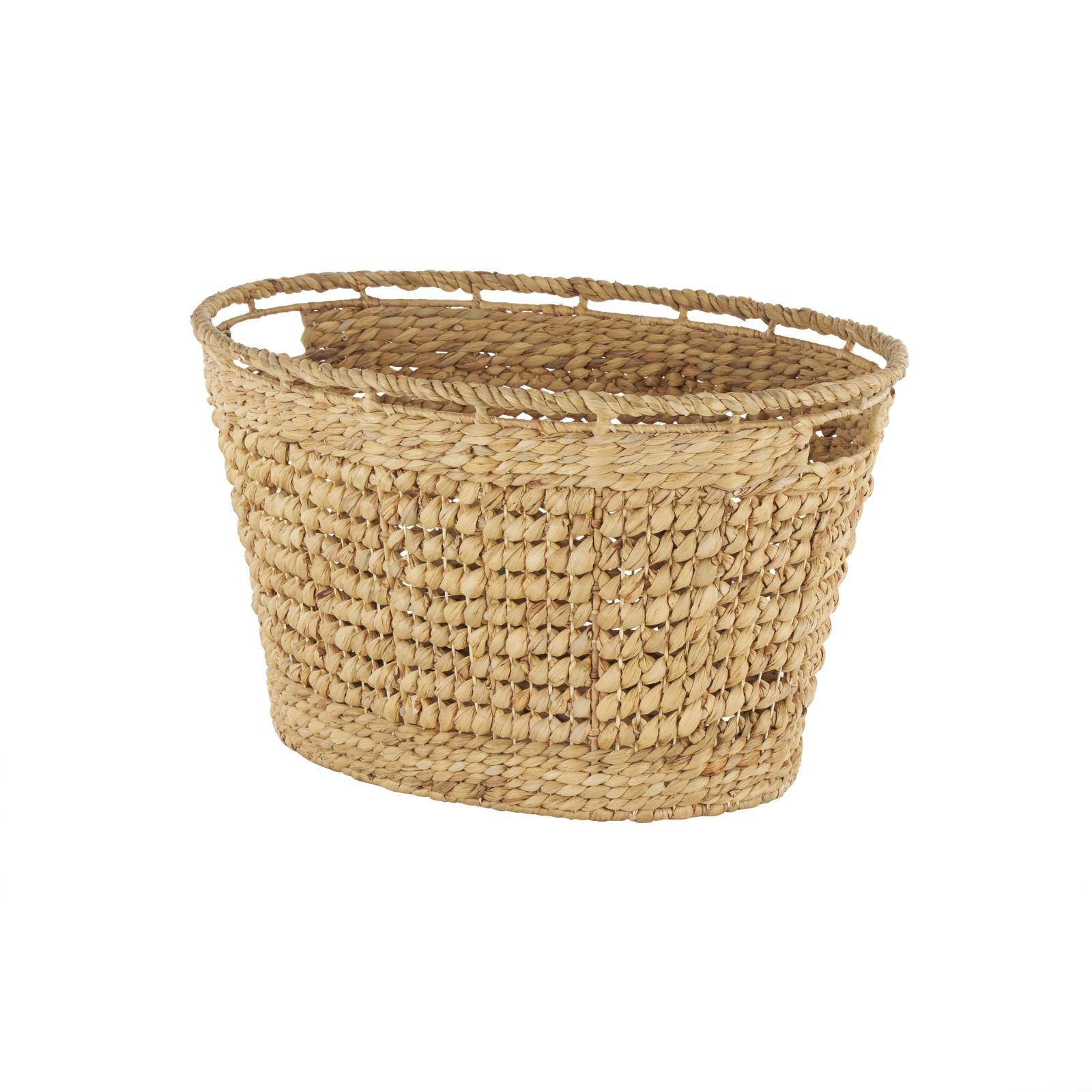 30" Brown Seagrass Handmade Woven Oval Storage Basket with Elevated Rim & Slot Handles