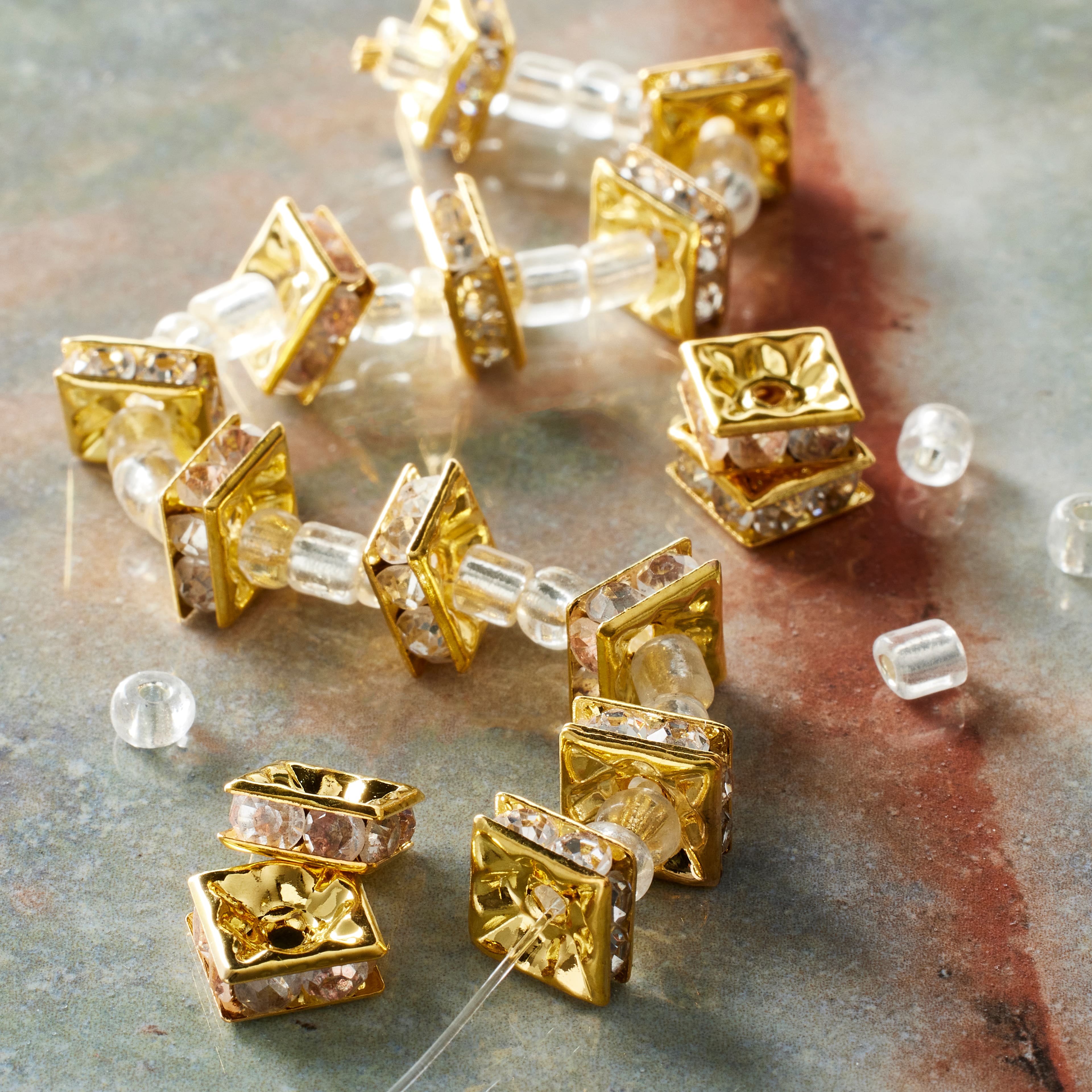 Gold Rhinestone Square Rondelle Beads, 8mm by Bead Landing&#x2122;