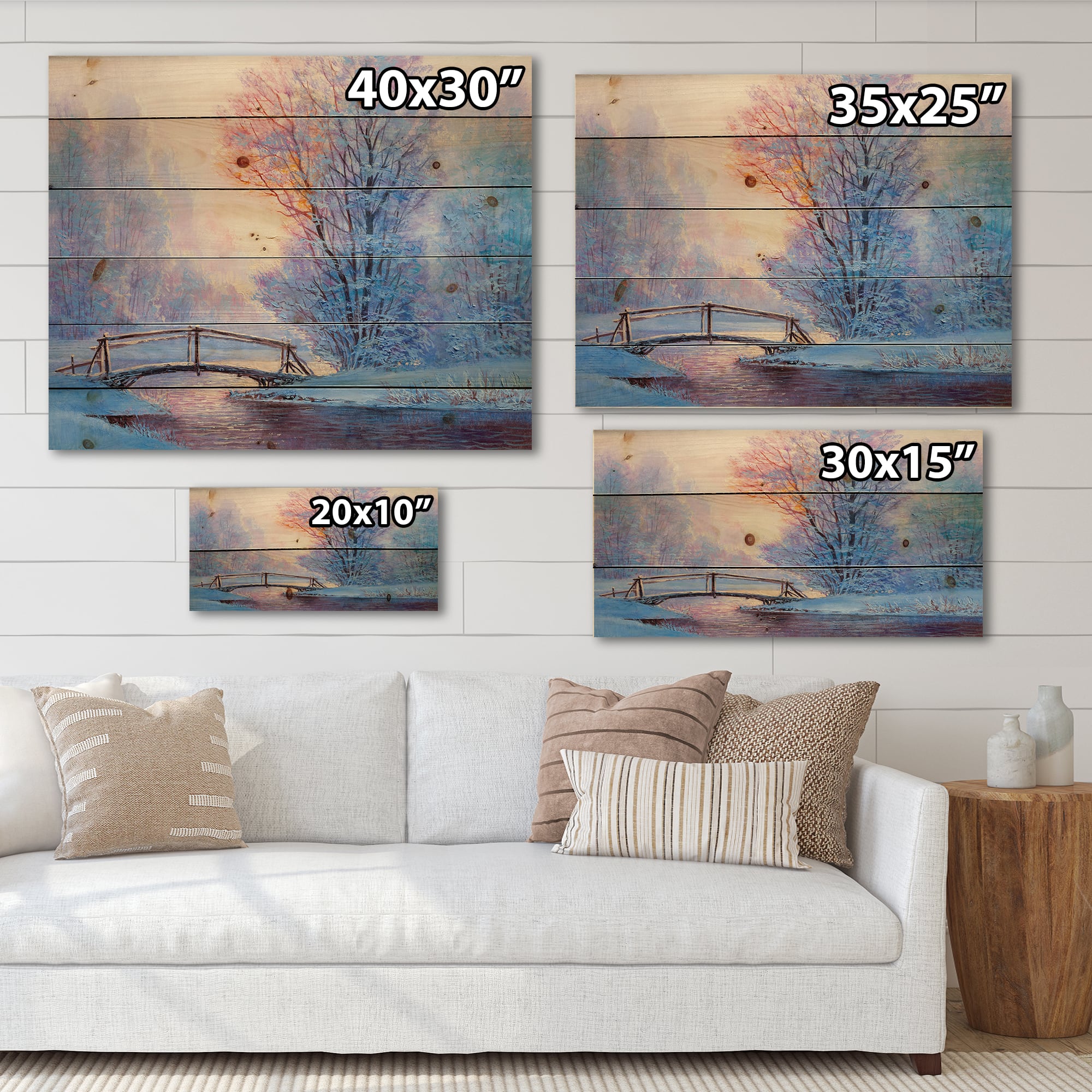 Designart - Winter Landscape With A River and A Bridge - Lake House Print on Natural Pine Wood