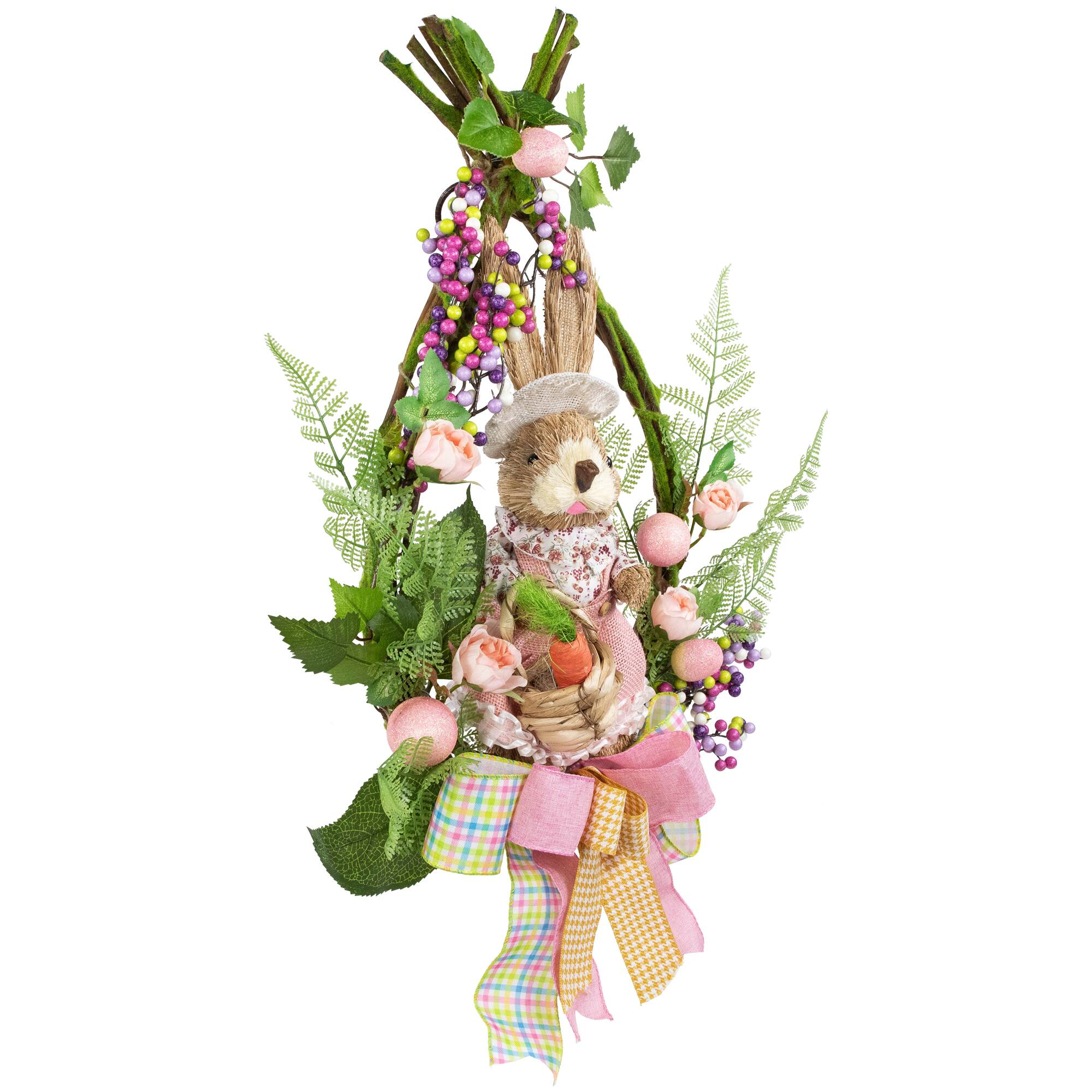 20" Pink Flower Bunny Moss Vines Teardrop Easter Wreath