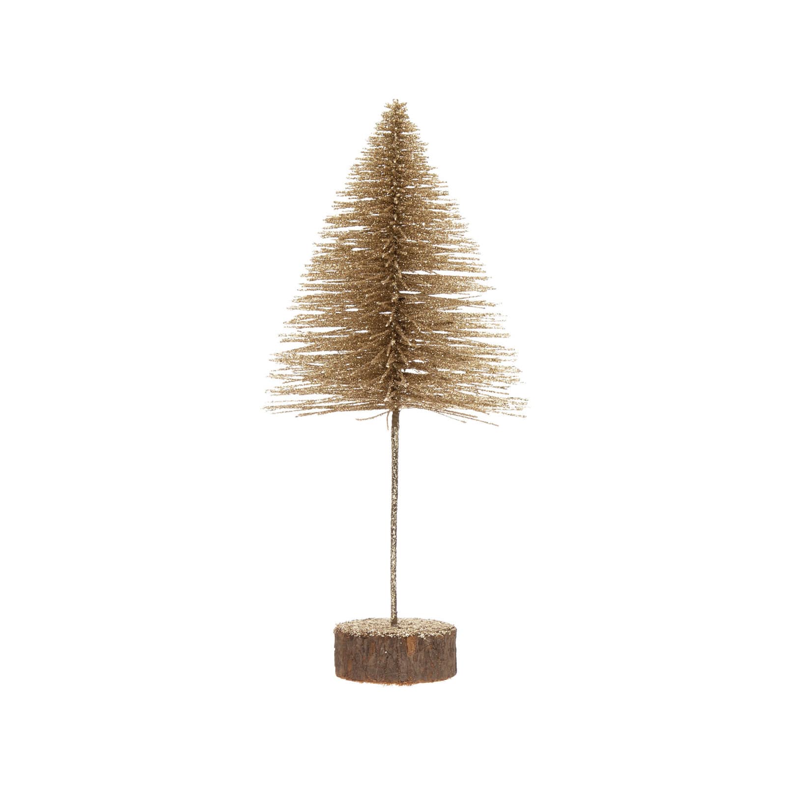 Hello Honey® 11.75" Champagne Plastic Bottle Brush Tree with Glitter & Wood Slice Base
